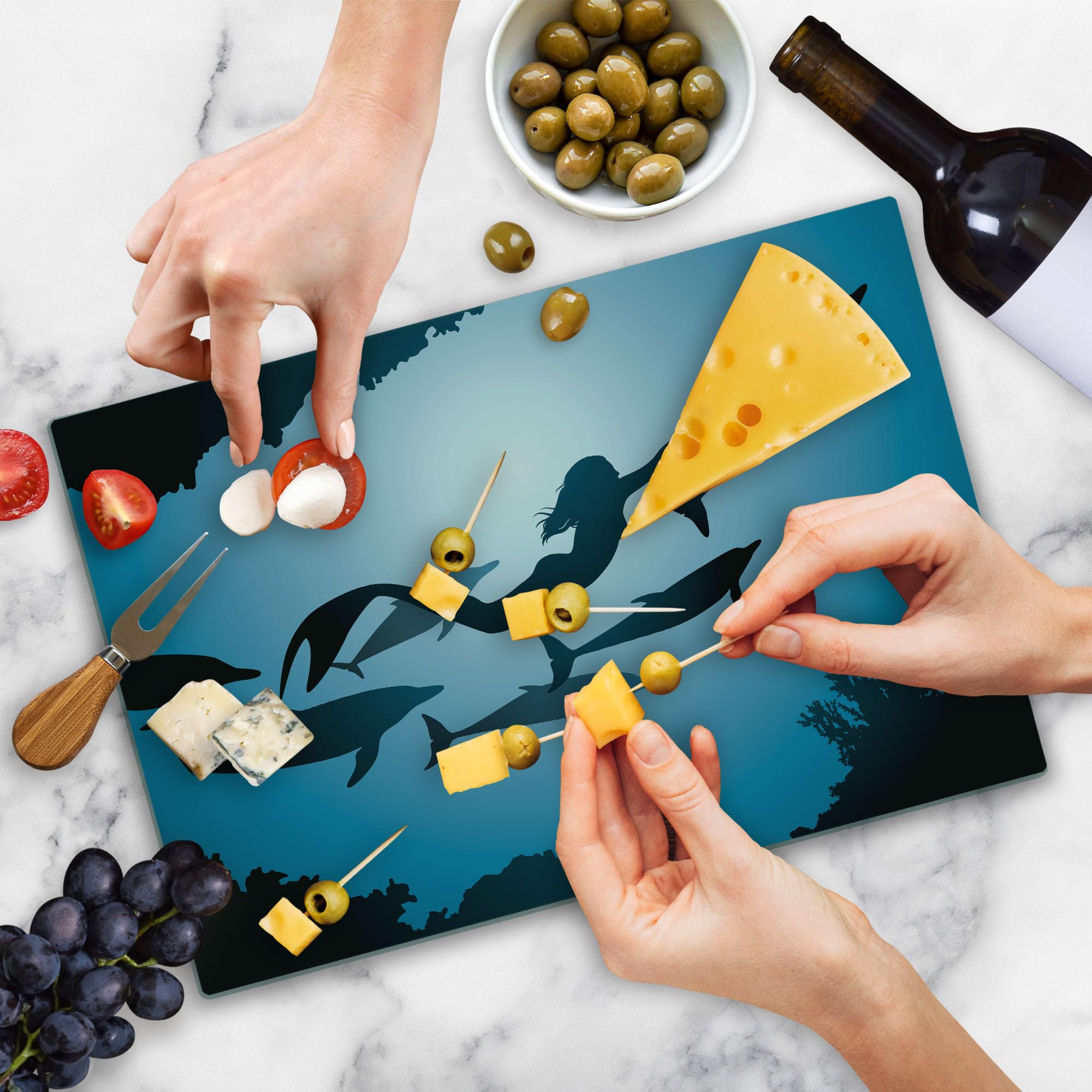 Ambesonne Underwater Themed Tempered Glass Cutting Board - Mermaid & Dolphins Sea Life Design, Large Blue Black Petrol Serving Board for Kitchen & Dining - Perfect for Seafood Meals, Charcuterie Platters & Home Decor
