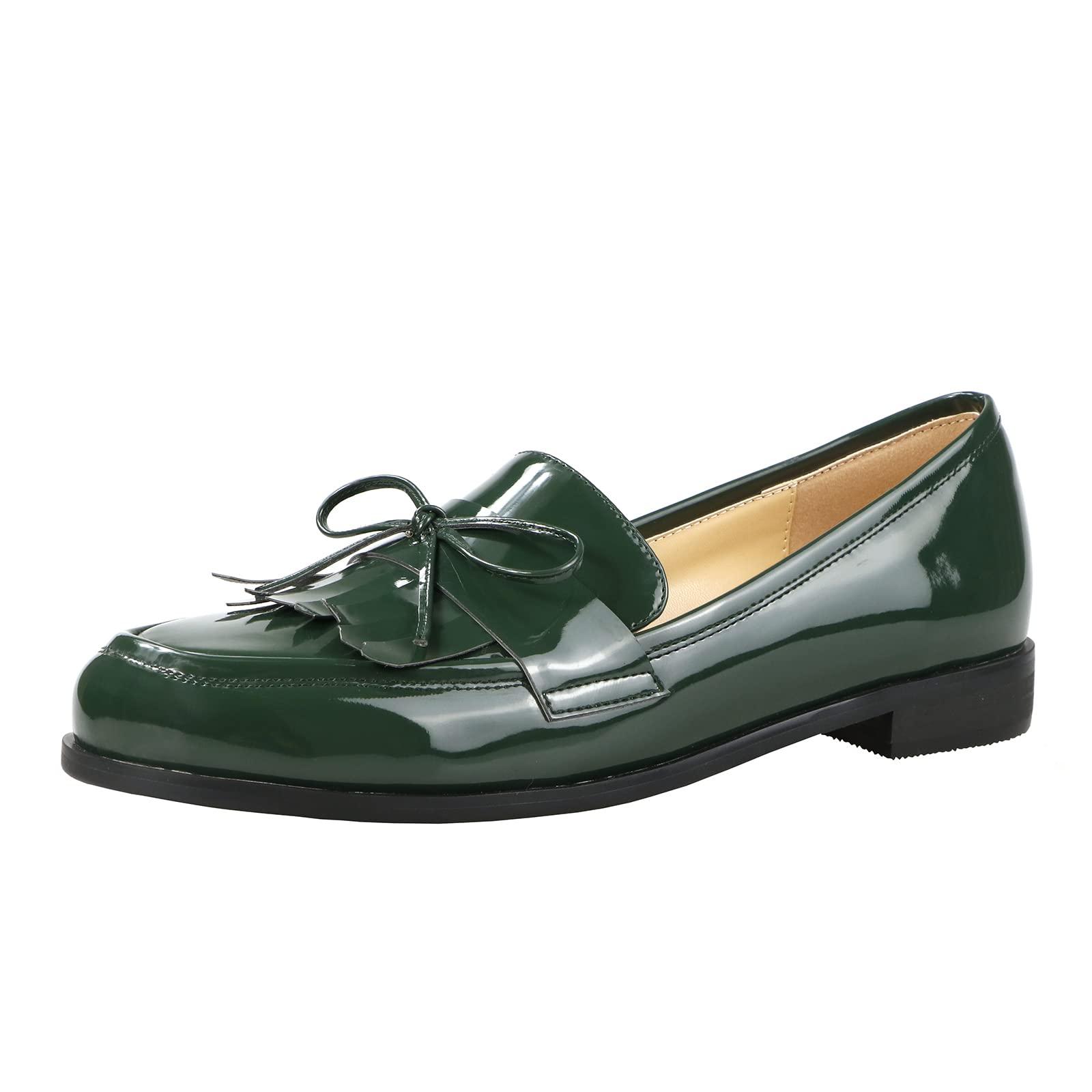 LEMUTISME Women's Fashion Patent Leather Loafers - Comfortable Slip-On Dress Shoes with Bow Knot & Tassel Detail, Round Toe Flat Pumps for Casual Wear, Size 10 Green | Perfect for Office, Party & Everyday Outfits