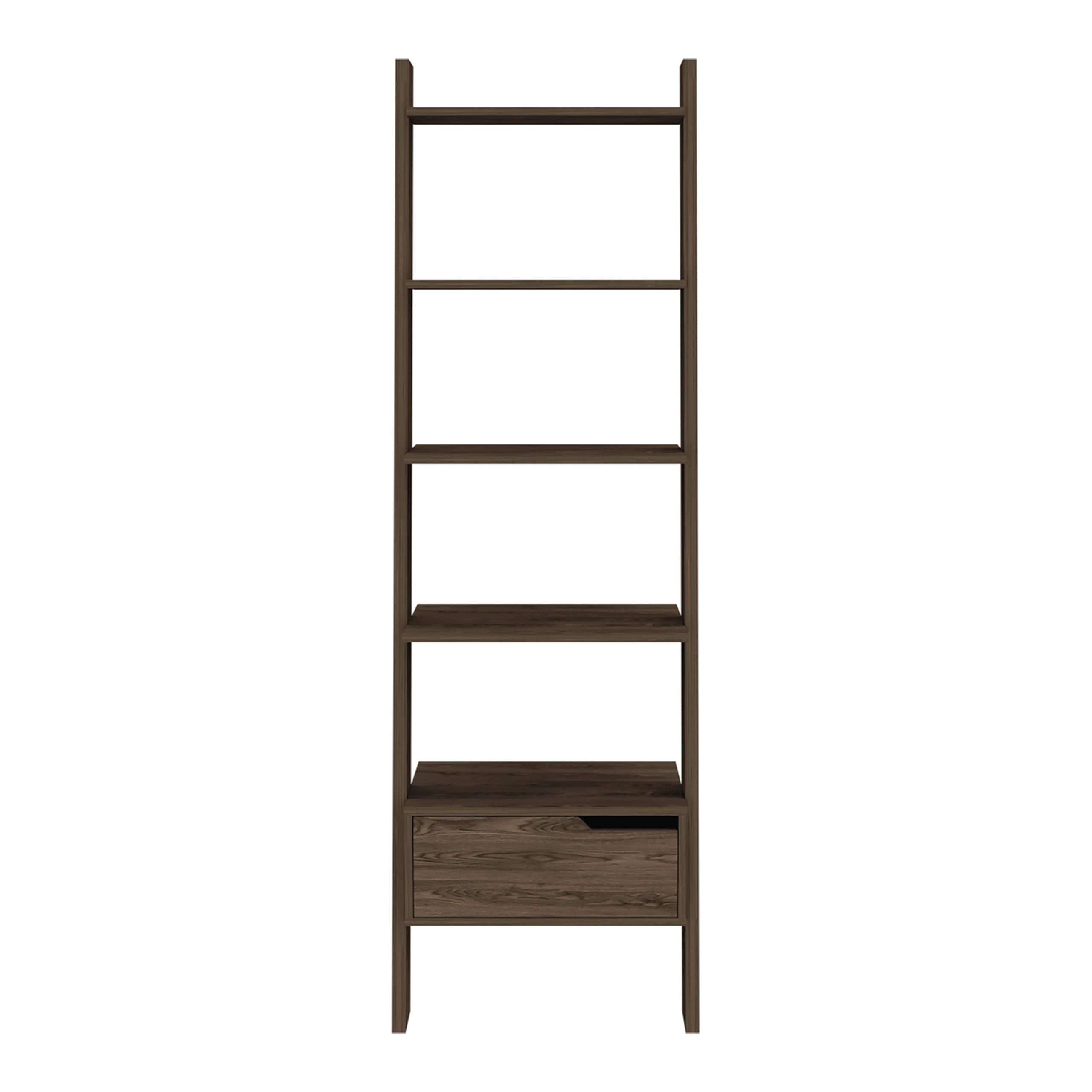 5-Tier Hamburg Ladder Bookcase with Open Shelves & Storage Drawer - Dark Walnut Finish for Living Room, Bedroom, or Home Office Organization