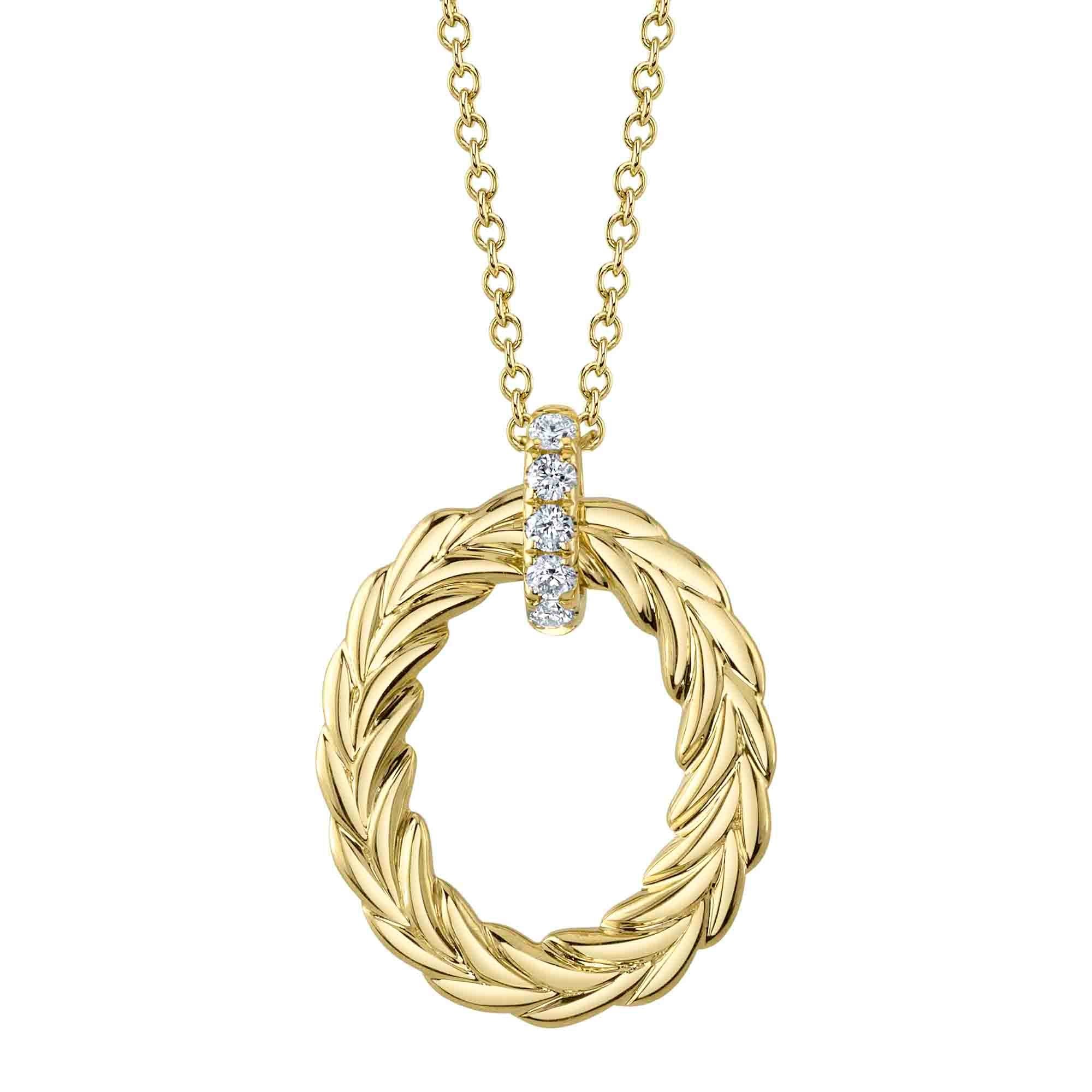 0.07 Carat 14K Yellow Gold Diamond Laurel Wreath Oval Pendant Necklace for Women - Elegant Jewelry Gift for Anniversary, Birthday & Special Occasions