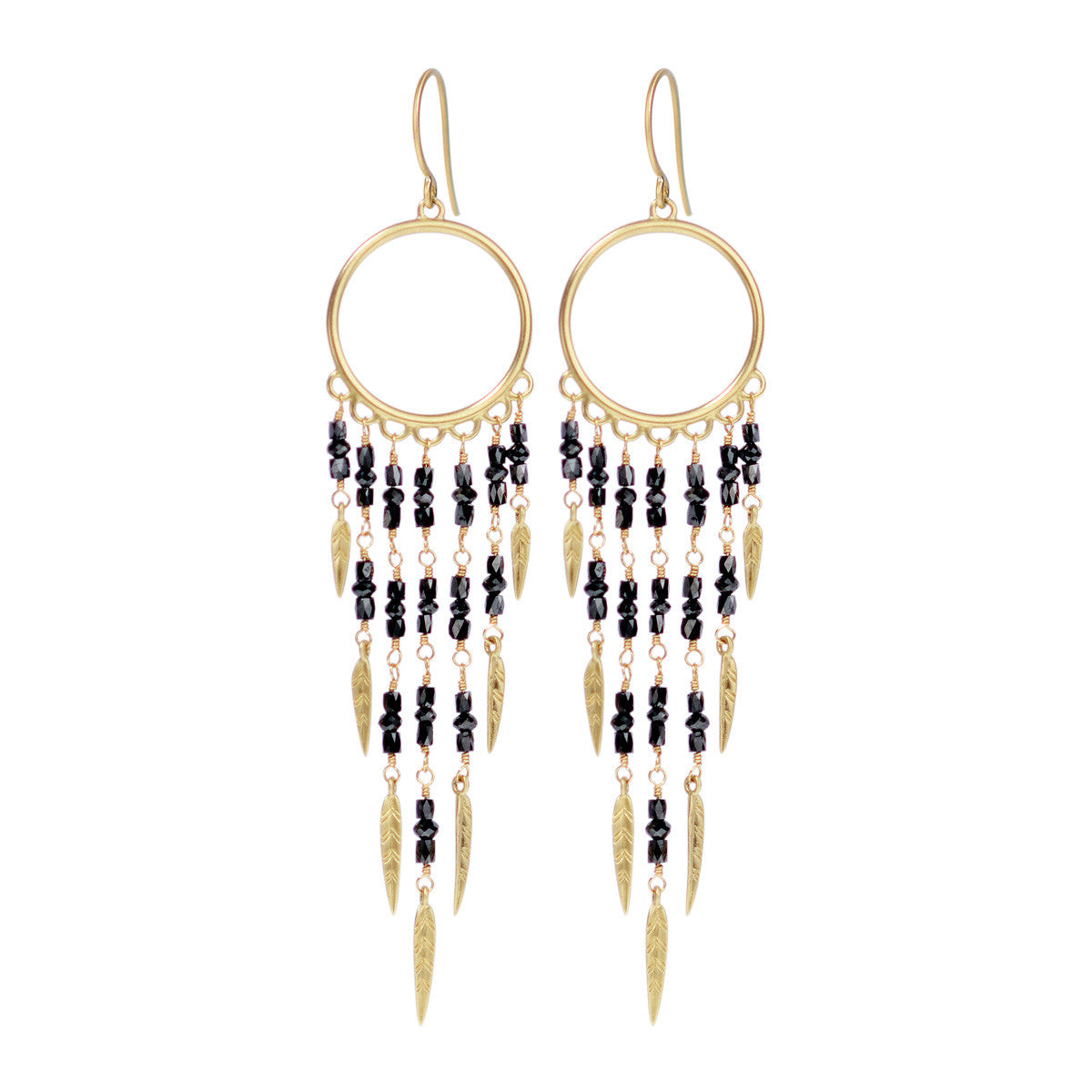 18K Gold Dream Catcher Earrings with Black Diamonds - Elegant Dangle Ear Jewelry for Women, Perfect for Weddings, Parties and Special Occasions