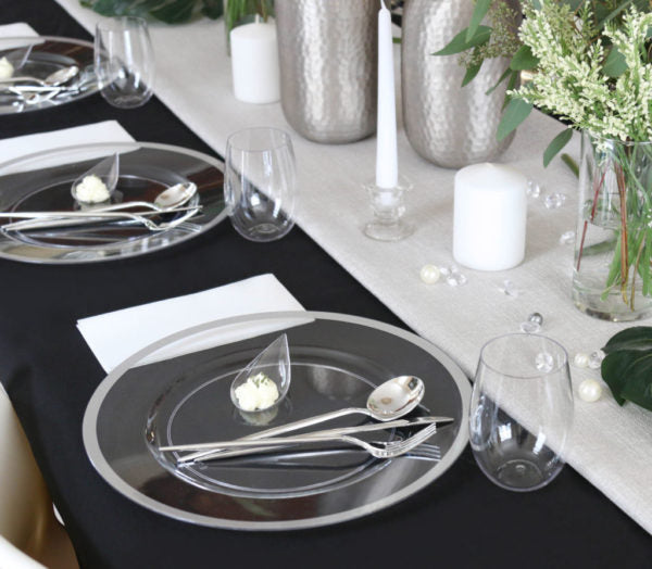 13 Inch Clear & Silver Round Plastic Charger Plates - Set of 4 | Elegant Table Setting for Weddings, Parties & Formal Dining