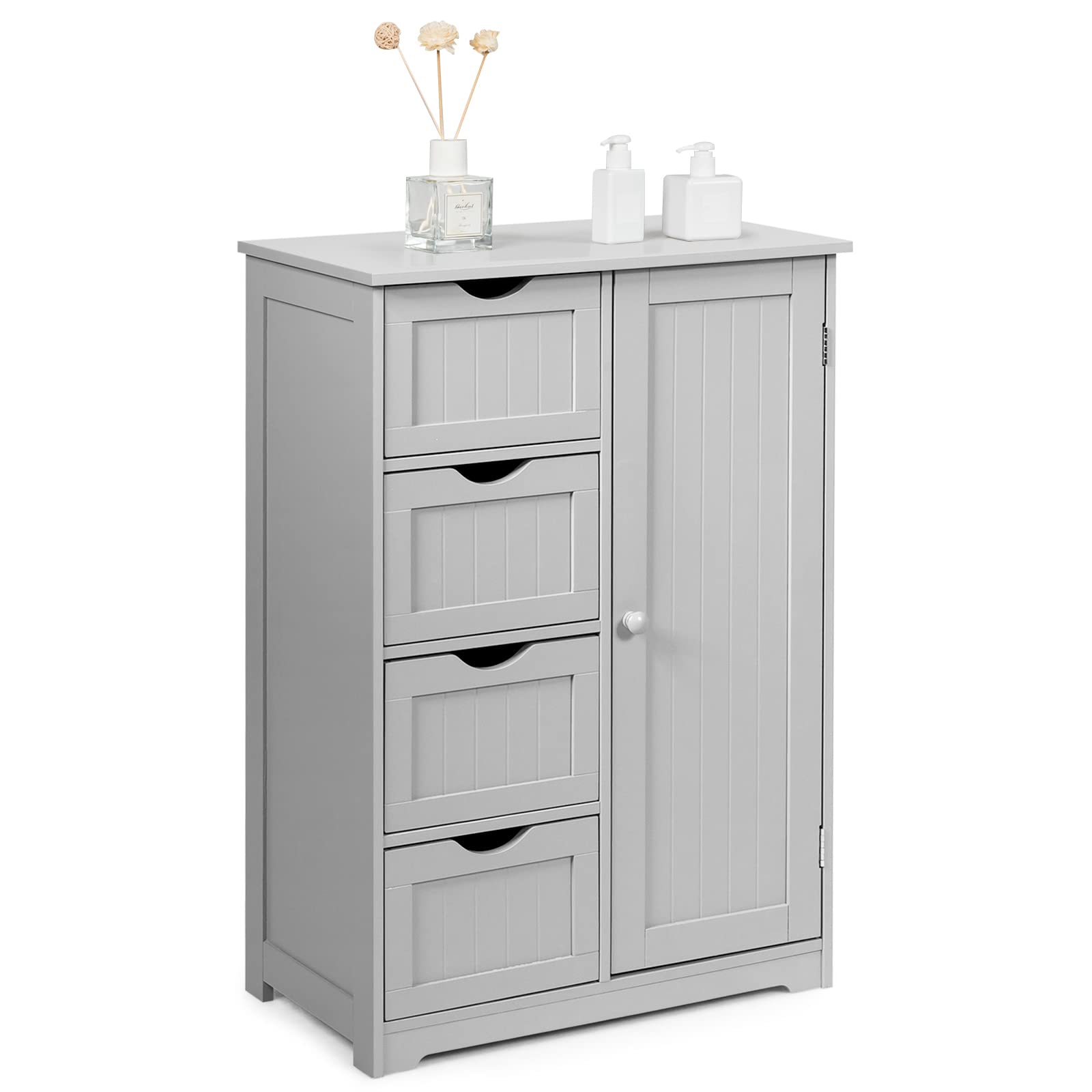 COSTWAY Wooden Bathroom Storage Cabinet - Freestanding 4-Drawer Organizer with Adjustable Shelf, Modern Floor Cabinet for Bathroom, Living Room, Kitchen & Entryway (Grey) | Perfect for Small Space Organization & Home Decor