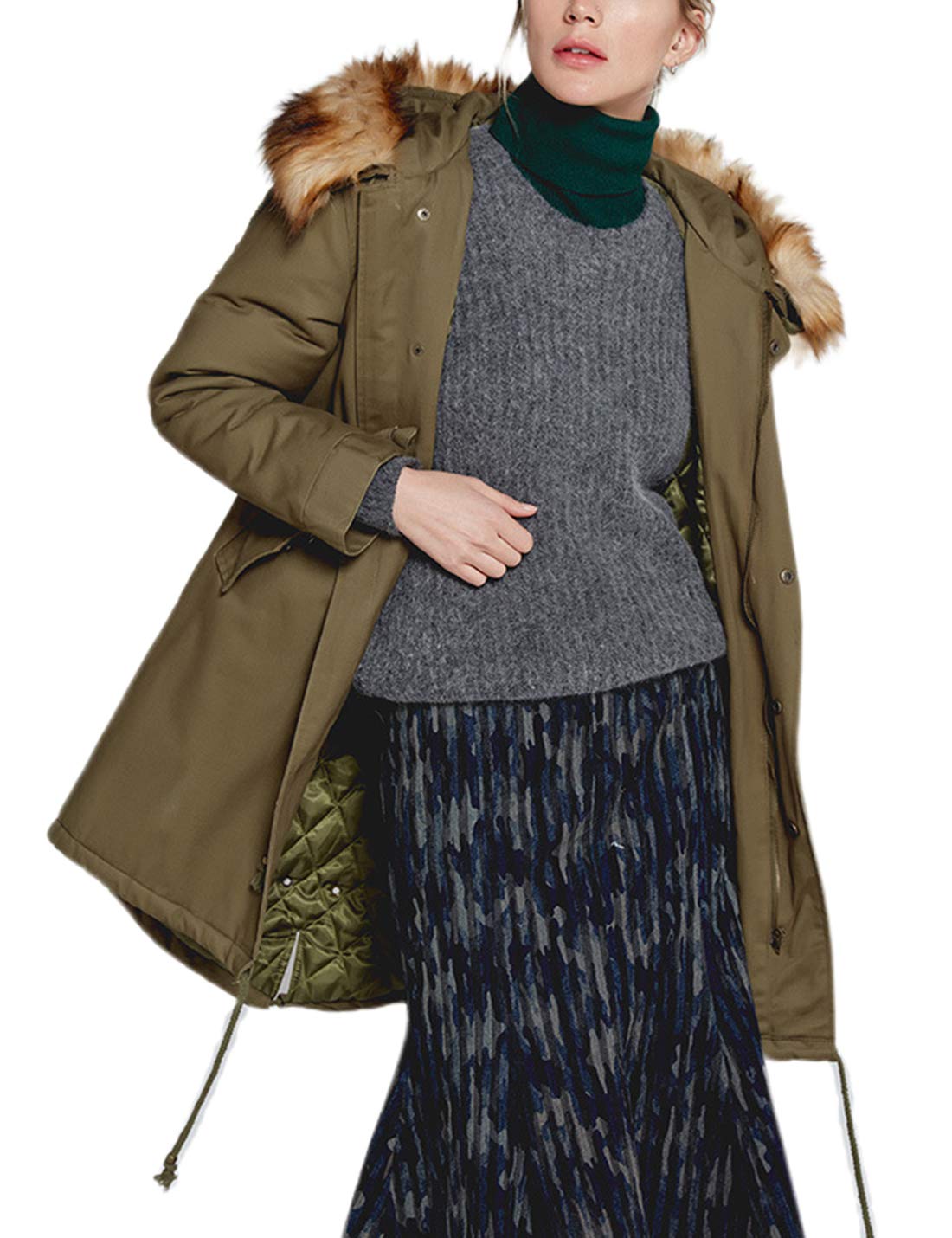 Omoone Women's Winter Hooded Parka Jacket - Faux Fur Lined Fleece Long Coat with Military Style, Warm Anorak for Outdoor Activities, Hiking & Casual Wear