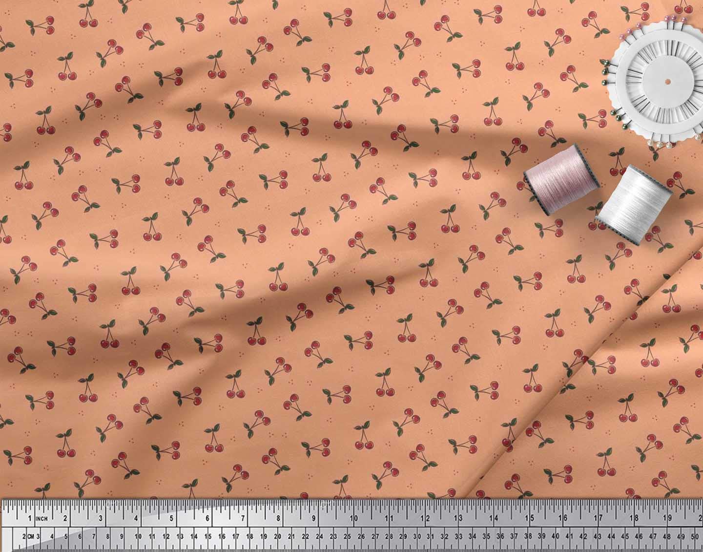 Soimoi Cotton Cambric Orange Fabric by The Yard - 56 Inch Wide - Dots, Leaves & Cherry Print Material for DIY Crafts, Quilting, Dressmaking & Home Decor