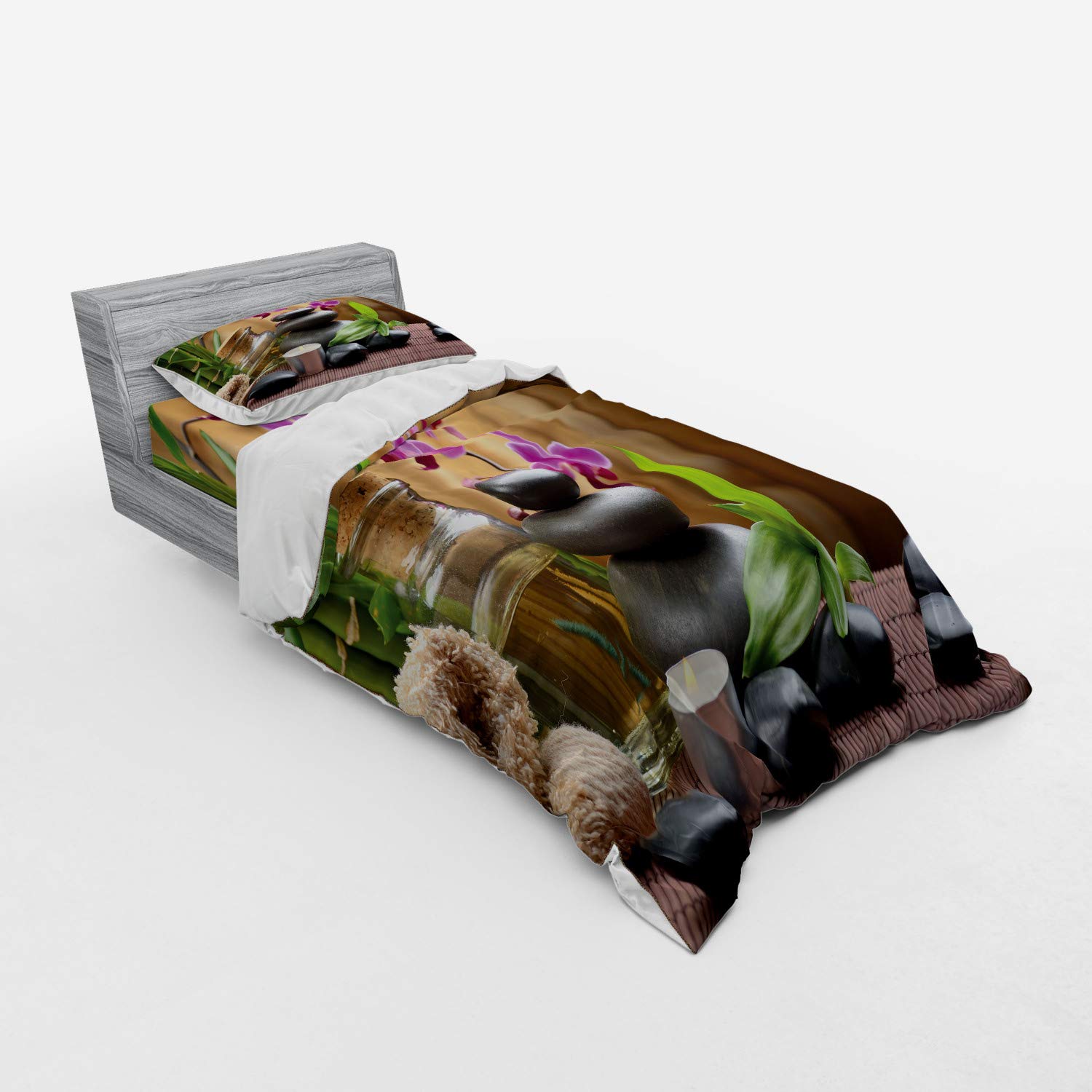 Ambesonne Spa Bedding Set - 3 Piece Duvet Cover Set with Sham & Fitted Sheet, Twin XL Size, Purple Black Green Floral Print | Relaxing Bedroom Decor for Spa-Like Retreat, Meditation Room or Guest Room