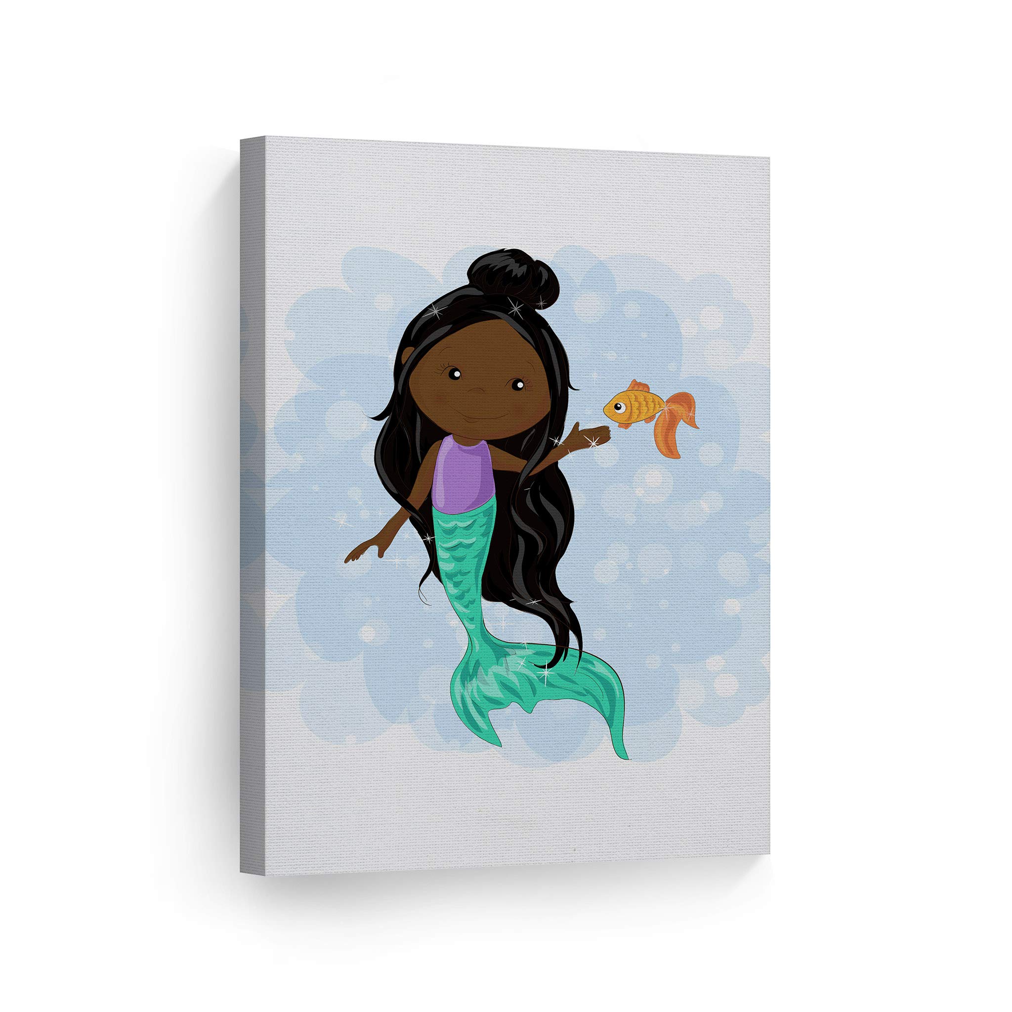 Cute African American Mermaid Canvas Print - Smile Art Design with White Background, 36x24 Inch, Ready to Hang Wall Art for Kids Room, Nursery & Baby Room Decor | Made in USA | Perfect for Birthday Gifts & Coastal Themed Bedrooms