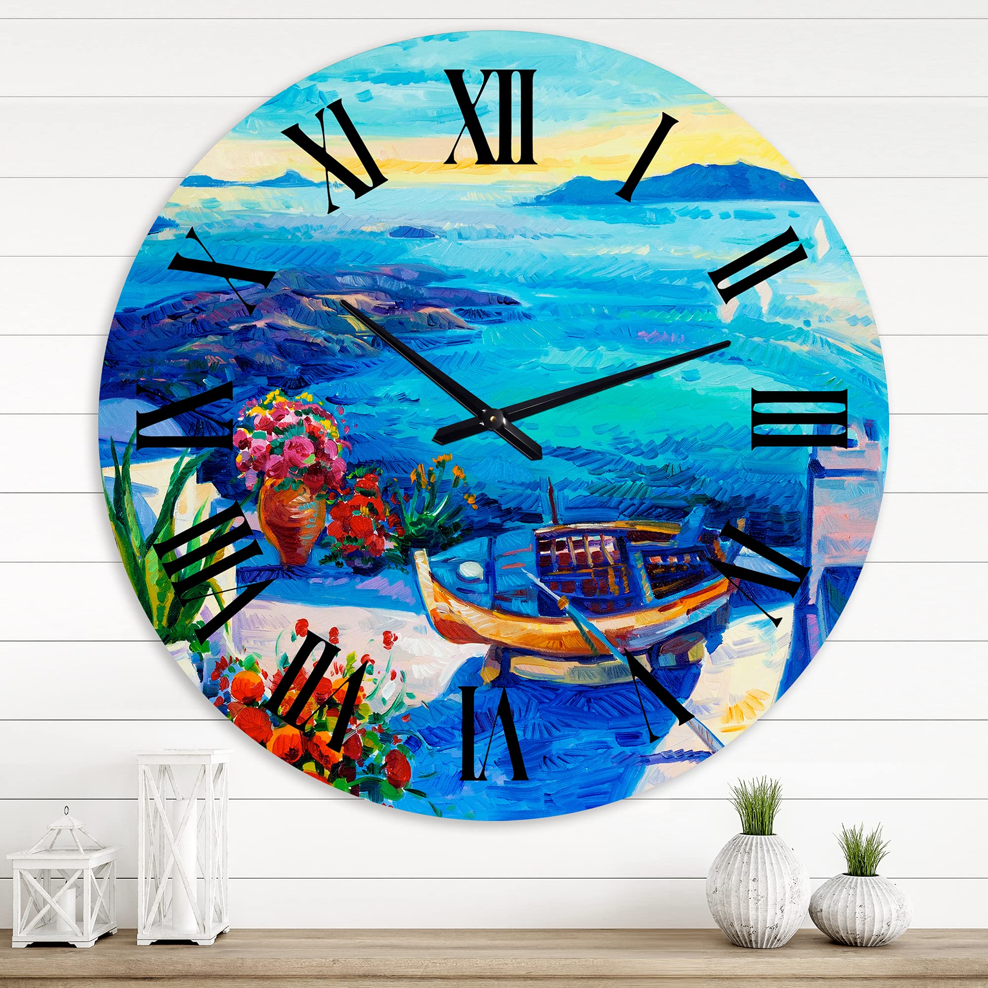 Large Nautical Coastal Wall Clock 'Sea View with Red Flowers' - Landscape Nature Decor for Living Room, Bedroom & Office - Perfect for Beach House, Coastal Theme or Home Decoration