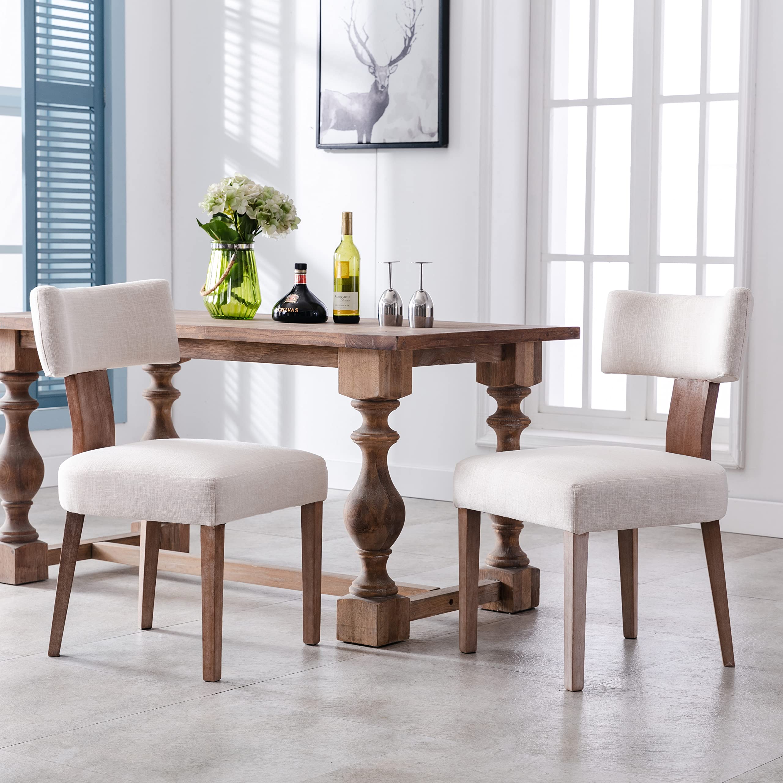 Modern Dining Chairs Set of 2 - Upholstered Wooden Leg Side Chairs with Linen Fabric & Curved Wingback Design - Comfortable for Living Room, Bedroom, Kitchen - Beige Home Decor for Family Gatherings & Dinner Parties