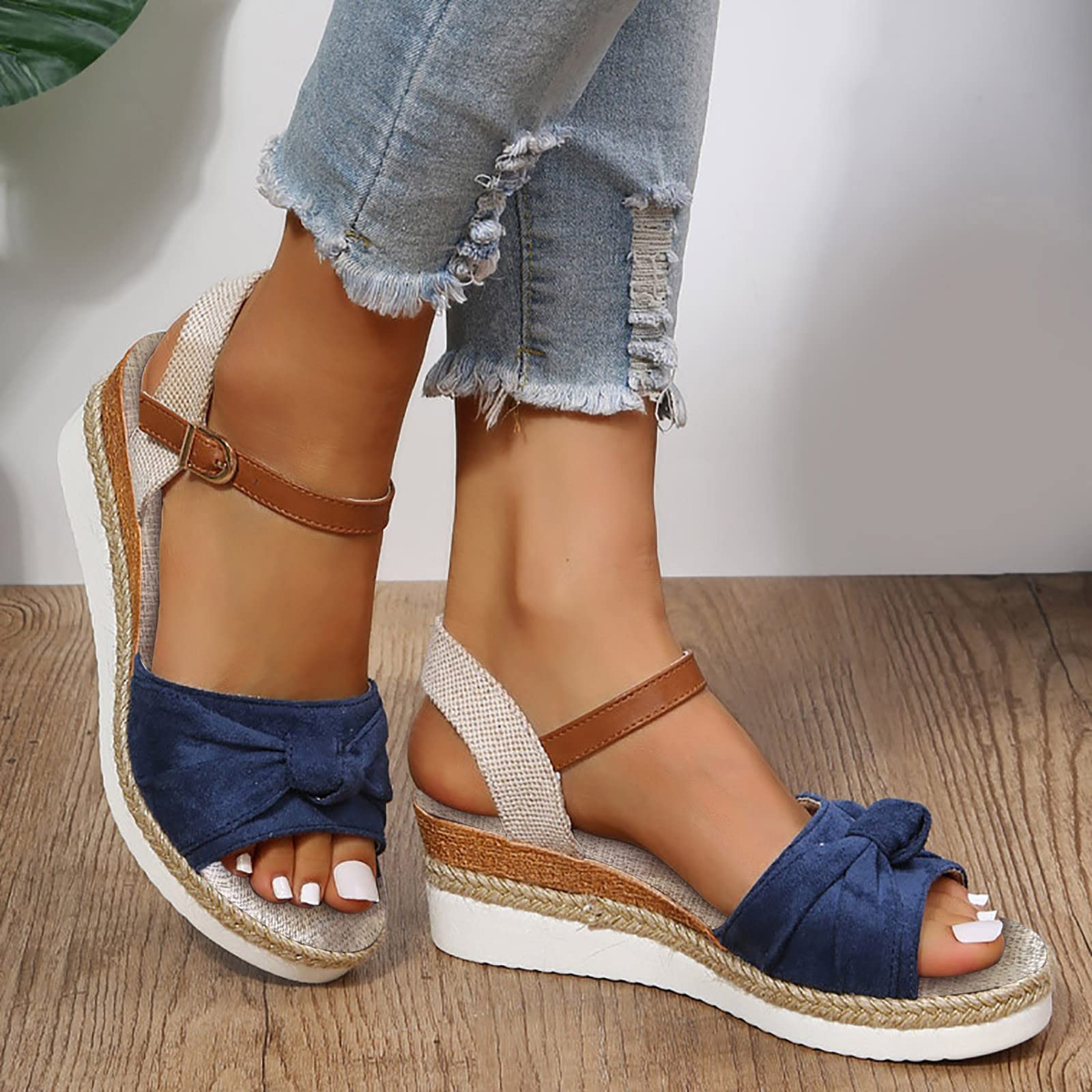 EMRELOD Women's Comfortable Orthopedic Wedge Sandals with Ankle Strap - Platform Espadrille Summer Beach Shoes for Casual Outings & Dressy Occasions (Blue, Size 9) | Perfect for Walking, Travel, and Outdoor Activities
