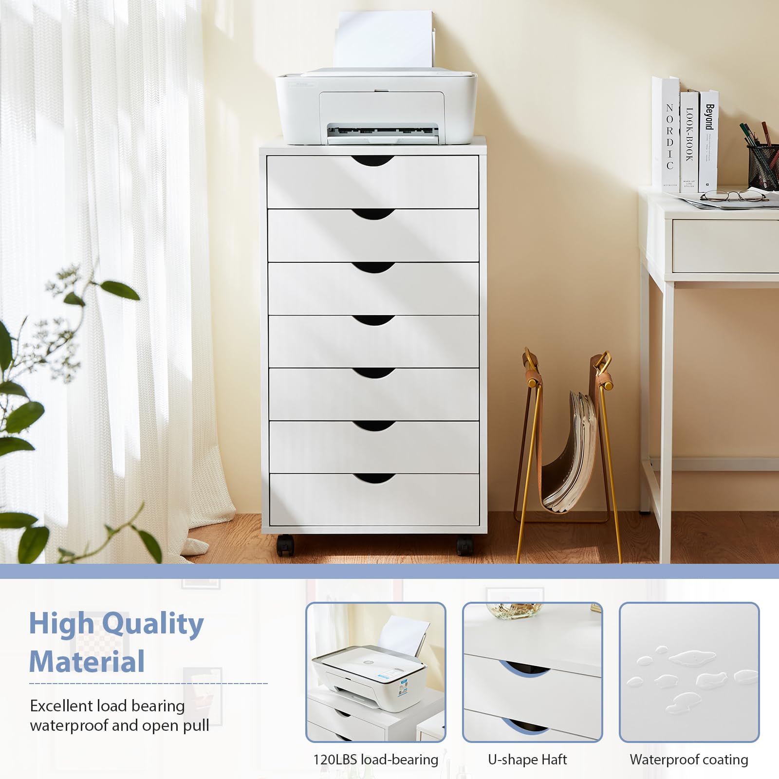 7-Drawer Wooden File Cabinet with Lockable Wheels - Mobile Printer Stand & Under Desk Storage Dresser for Home Office, Study, or Dorm Room Organization - White Office Furniture
