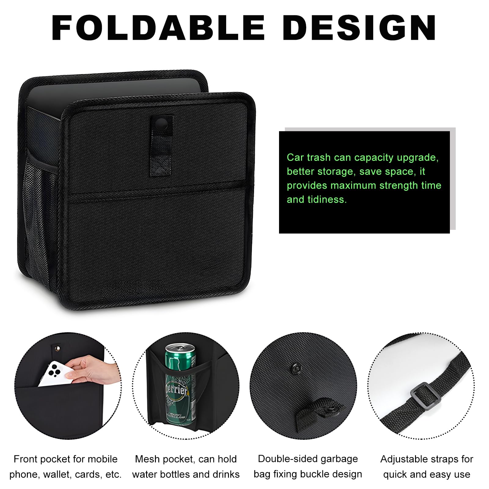 Foldable Hanging Car Trash Can with Leak-Proof Design & Extra Storage Pockets - Large Capacity Waterproof Car Garbage Bag for Road Trips, Commuting, and Family Travel
