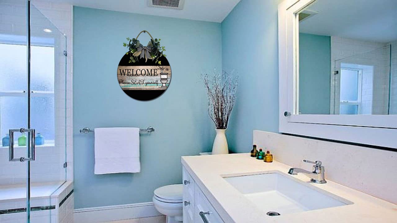 Farmhouse Bathroom Door Sign - Welcome Please Seat Yourself - 12 Inch Rustic Wood Hanging Wall Art for Home or Office Decor - Perfect for Powder Rooms, Guest Bathrooms & Farmhouse Style Interiors