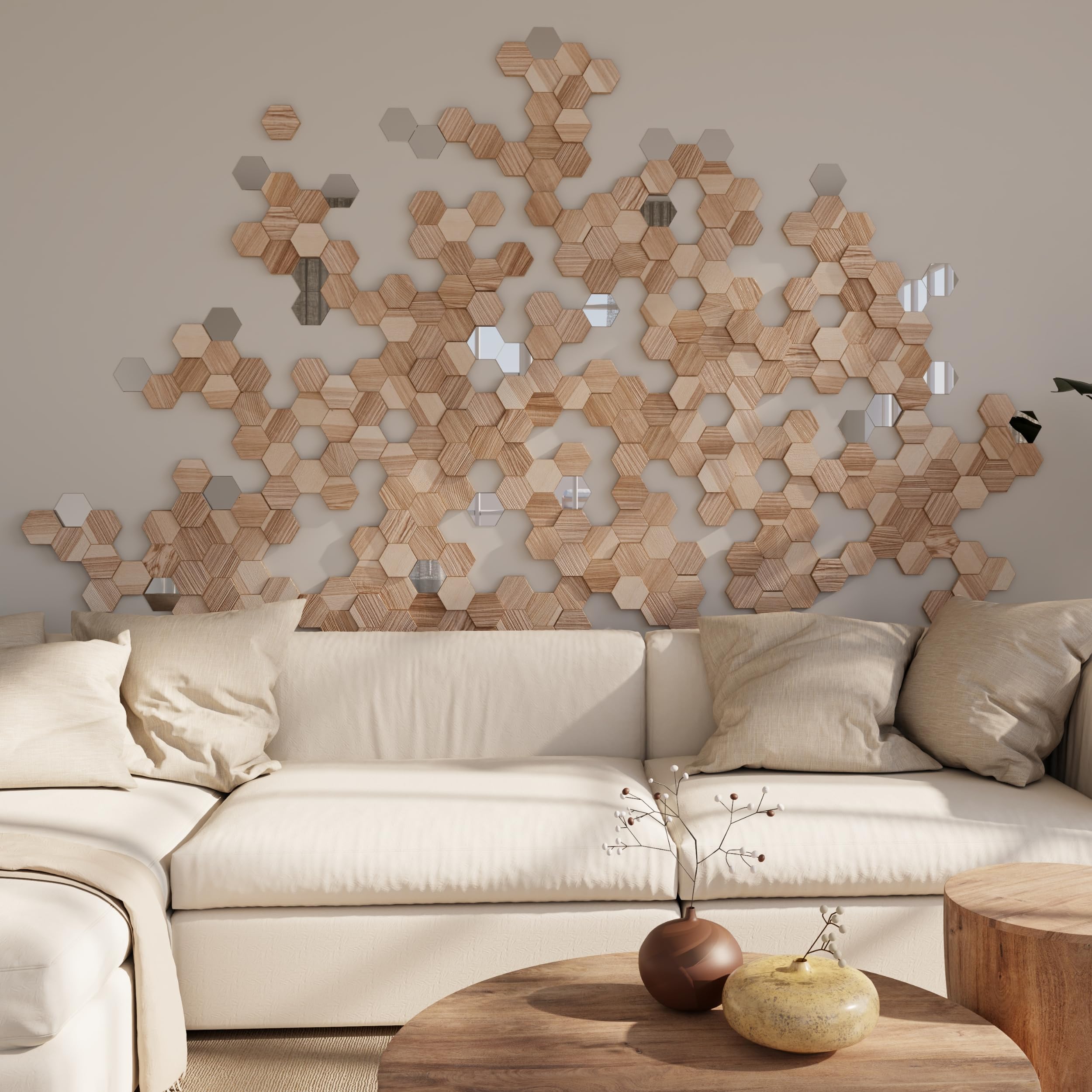 Hexagon Wood Wall Art - Modern Geometric Wall Sculpture & Honeycomb Wood Wall Decor Panels - Unique Mosaic Unfinished Hexagons (100 Pieces) - Perfect for Living Room, Bedroom, Office & Home Decor