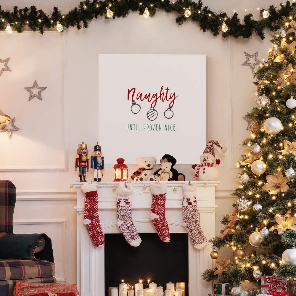 Naughty Until Proven Nice Christmas Wall Art - Premium Gallery Wrapped Canvas Decor with Festive Ornaments (40x40 Inches) - Ready to Hang Winter Home Decor for Living Room, Bedroom & Office - Made in USA