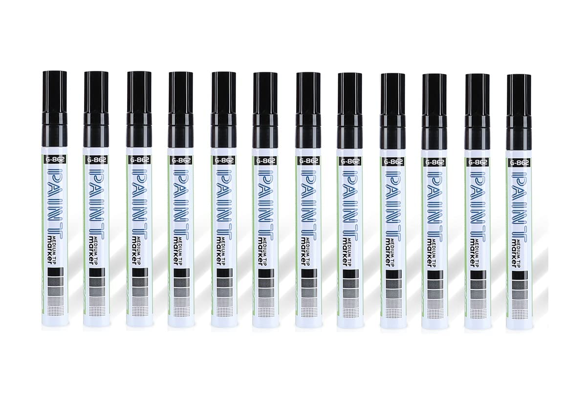 GXIN 12 Pack Black Oil-Based Paint Markers - Opaque, Waterproof Medium Point Paint Pens for Artists & DIY Projects - Bright Vivid Colors for Canvas, Rocks, Wood & Metal Crafting (G-862A)