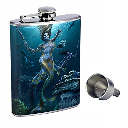 Premium 8oz Stainless Steel Whiskey Flask with Free Funnel - Elegant Mermaid Design, Leakproof & Durable for Outdoor Adventures, Gifts & Travel Accessories