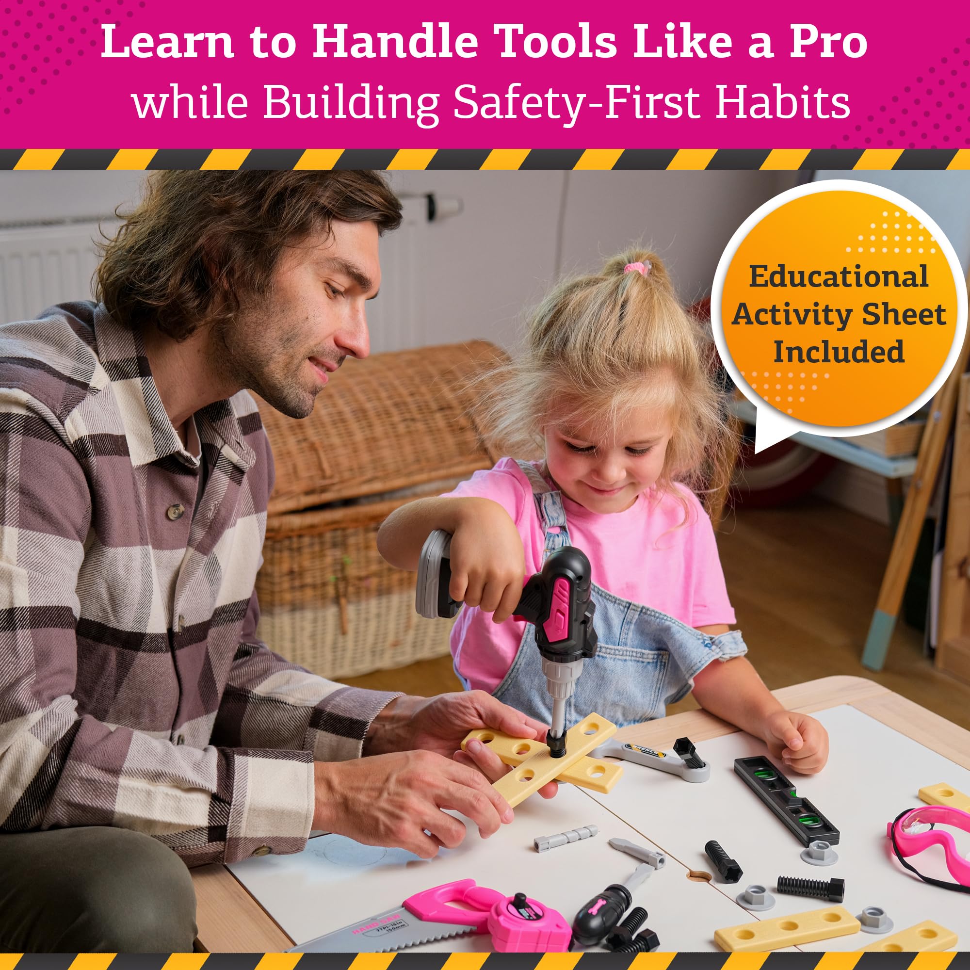 **Kids Tool Set with Electric Drill - 24-Piece Construction Toy Kit for Toddlers Ages 3-6 (Pink) - Includes Screwdriver, Nuts, Bolts & Toolbox - STEM Learning Gift for Boys & Girls - Perfect for Pretend Play & DIY Projects**