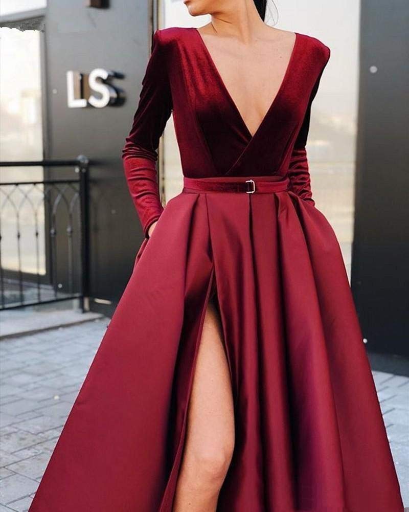 Honeydress Women's V-Neck Prom Dress Long Sleeve Velvet Satin Formal Evening Gown with Pockets - Pale Champagne for Homecoming, Wedding Guest & Special Occasions