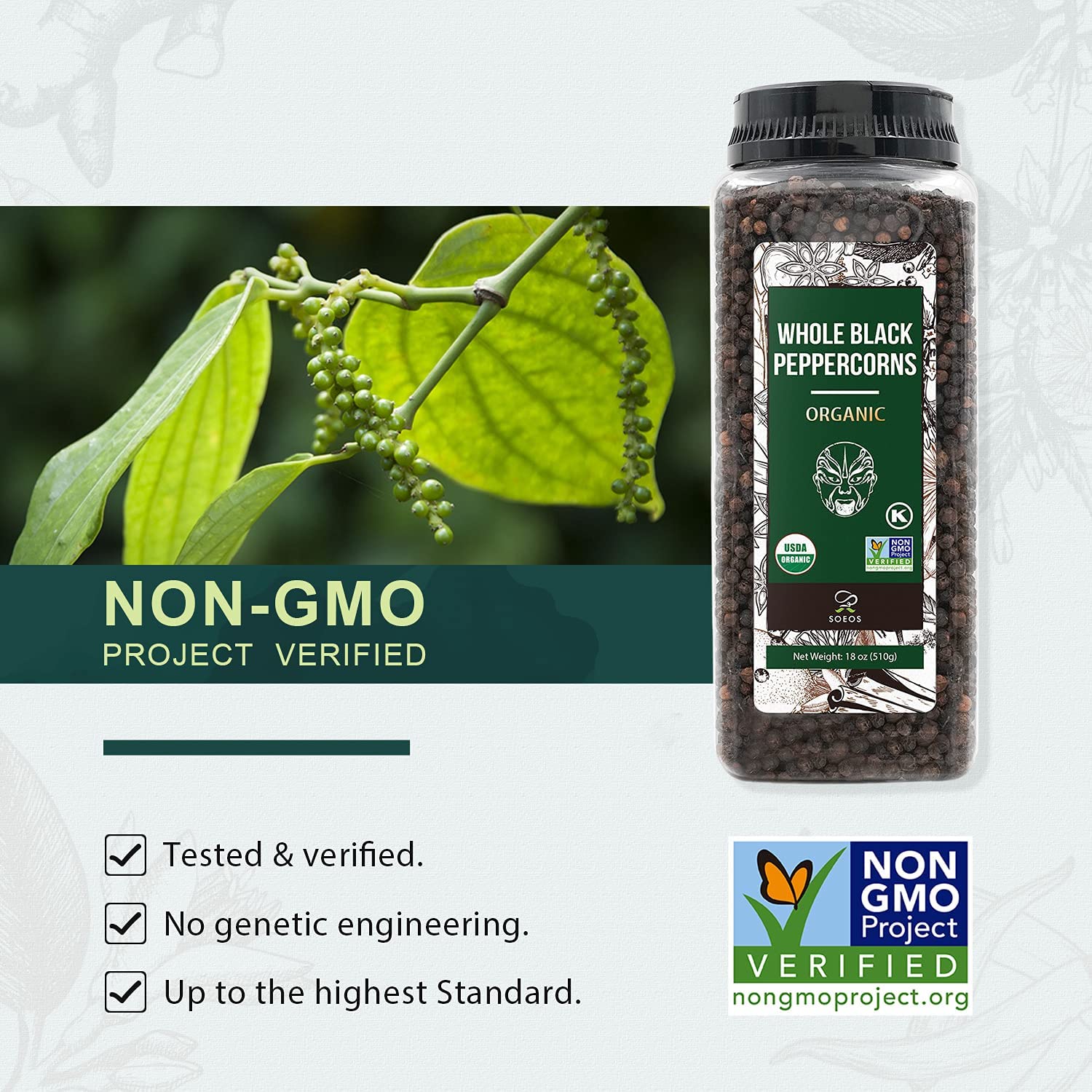 Organic Black Peppercorns 18oz - Non-GMO, Kosher Certified, Whole Peppercorns for Grinder Refill - Freshly Packed for Maximum Flavor - Perfect for Cooking, Seasoning & Gourmet Dishes