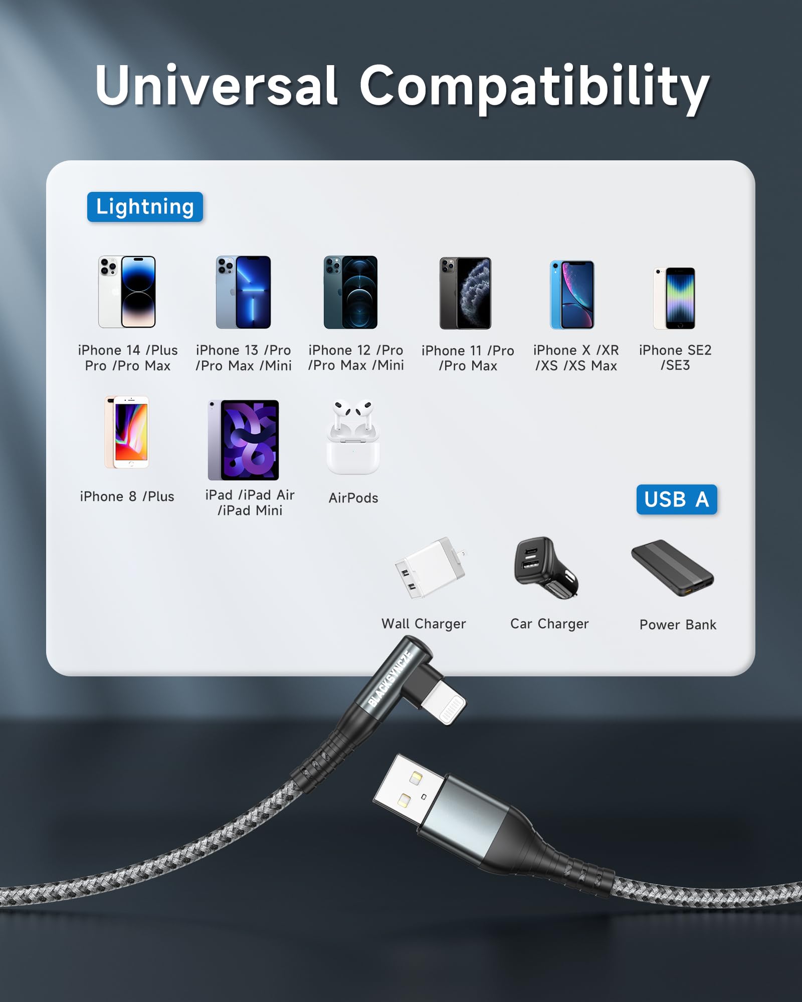 BLACKSYNCZE MFi Certified Lightning Cable 2M Right Angle Nylon iPhone Charger - Fast Charging Cable for iPhone 14/13/12/11 Pro Max/XS/X/8/7/6 Plus - Durable Grey Cable for Home, Office & Travel