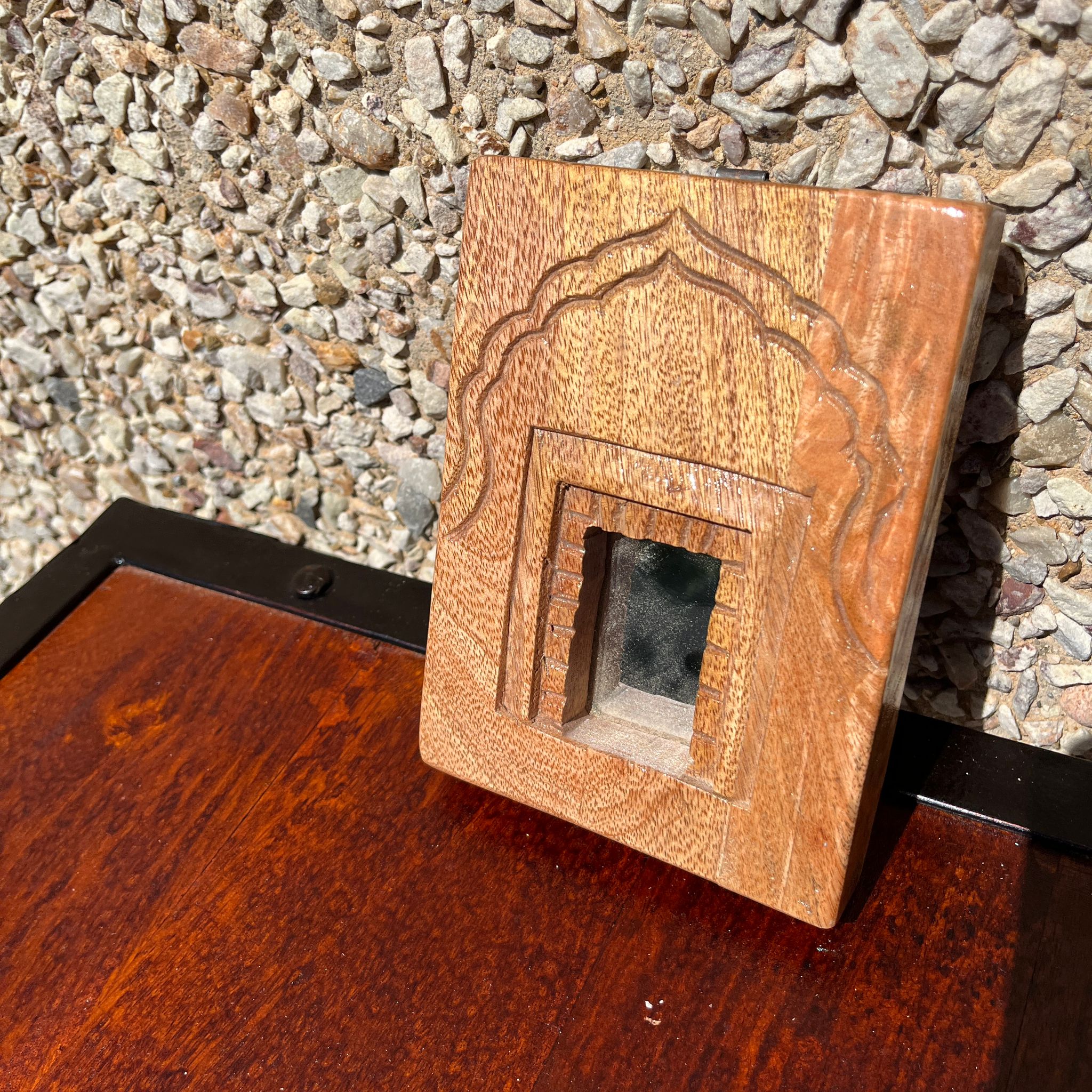 Hand Carved Indian Solid Wood Temple Mirror - Brown 105 - Elegant Wall Decor for Living Room, Bedroom & Meditation Space