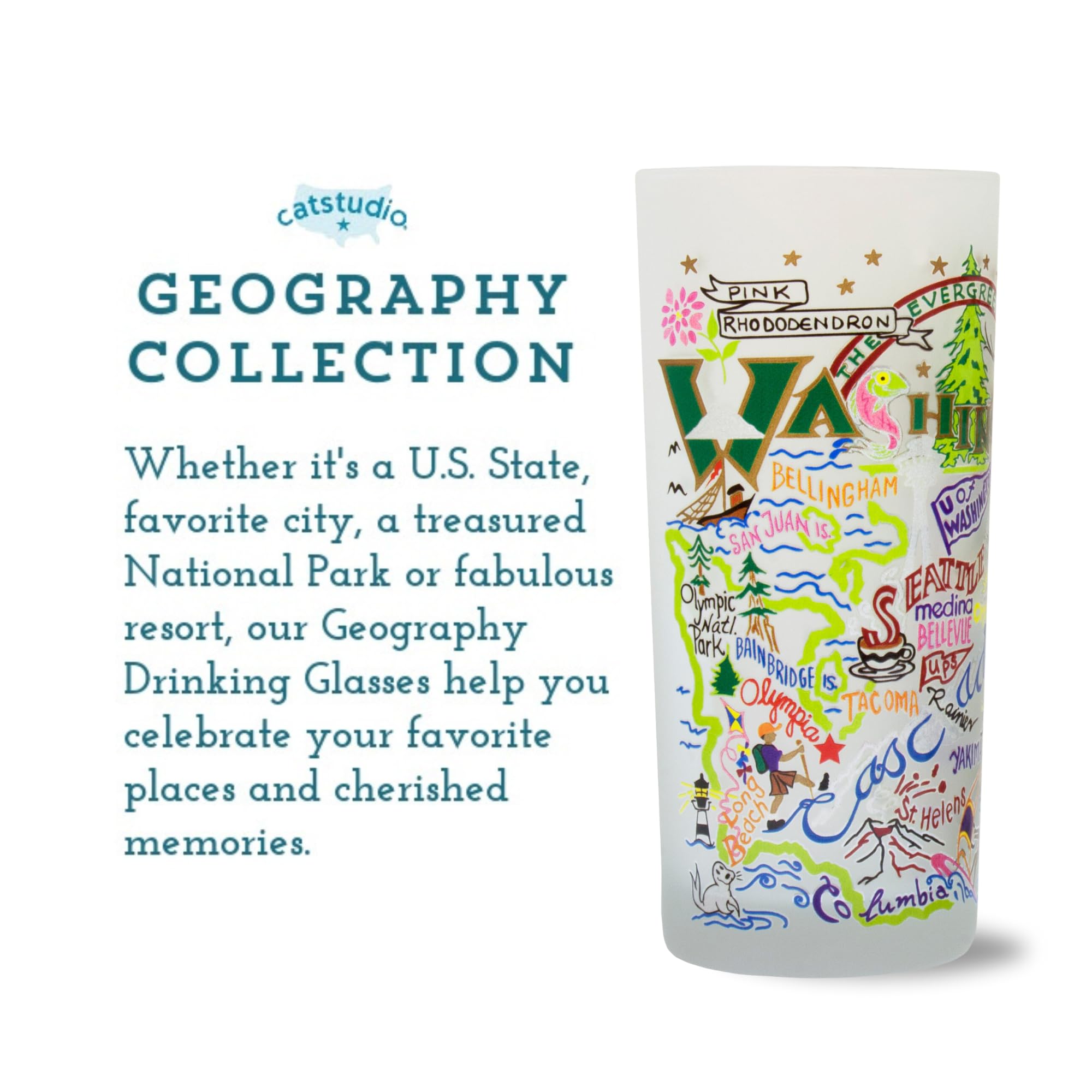 Catstudio Washington Frosted Glass Cup - 15oz Dishwasher Safe Tumbler for Tea, Coffee & Beverages | Perfect Gift for Washington Lovers & Home Kitchen Use