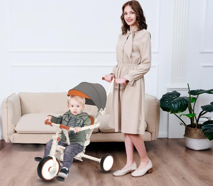 6 in 1 Adjustable Kids Tricycle for Toddlers 1-5 Years - Baby Balance Bike with Removable Pedals, Safety Harness & Retractable Canopy - White Trike for Outdoor Play, Park Rides & Learning to Cycle