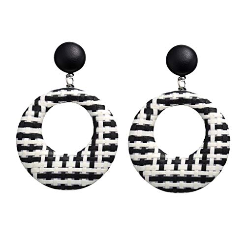 Bohemian Wood Bamboo Rattan Geometric Square Earrings for Women - Elegant Drop Dangle Pendant Jewelry Accessories (Black, 2 Pairs) | Perfect for Festivals, Beach Parties, and Boho Chic Outfits