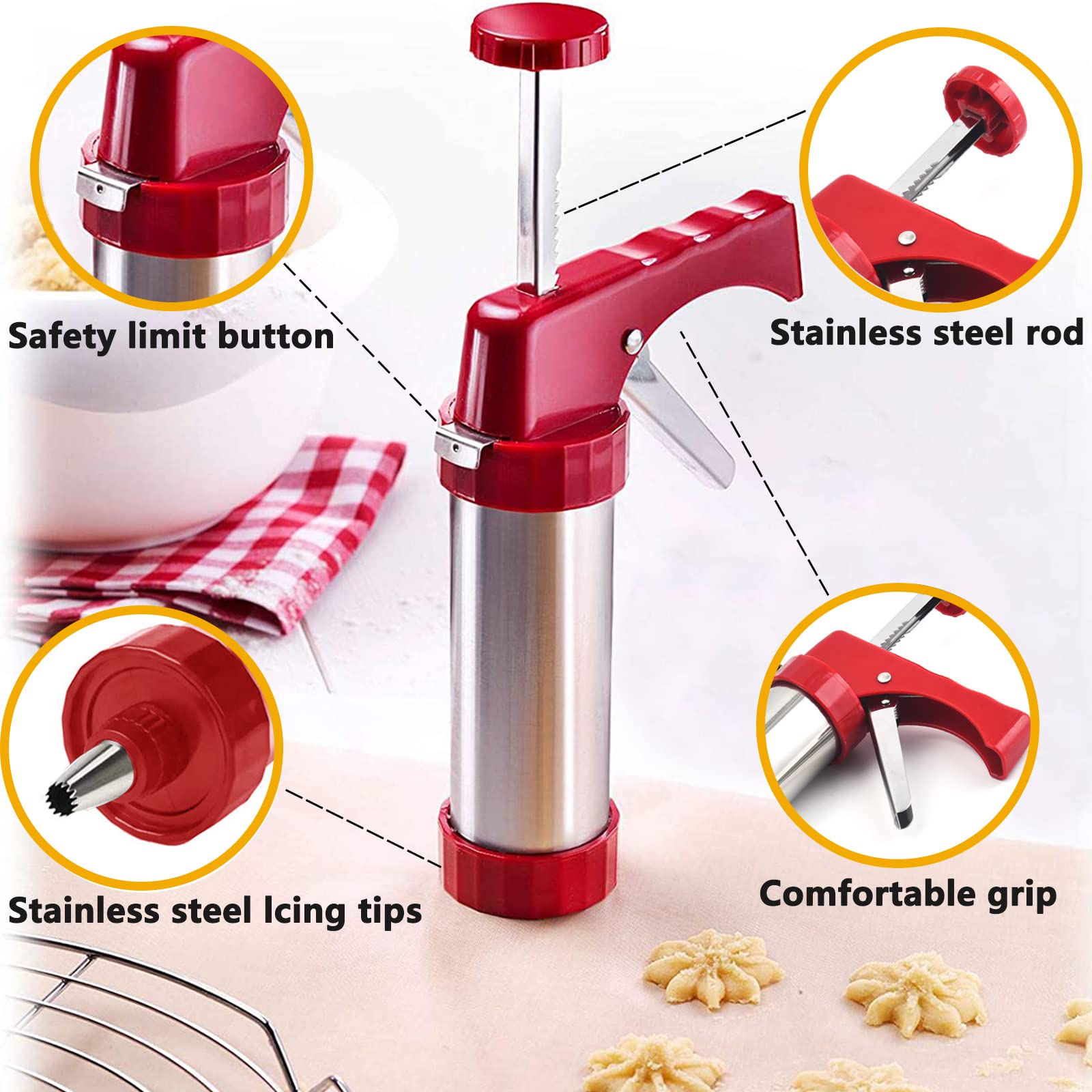 Stainless Steel Cookie Press Gun - 13 Decorative Stencil Discs & 8 Icing Tips for Baking Spritz Cookies | Deluxe Cookie Maker (8.7 Inch) - Perfect for Holiday Baking, Party Treats & Homemade Desserts