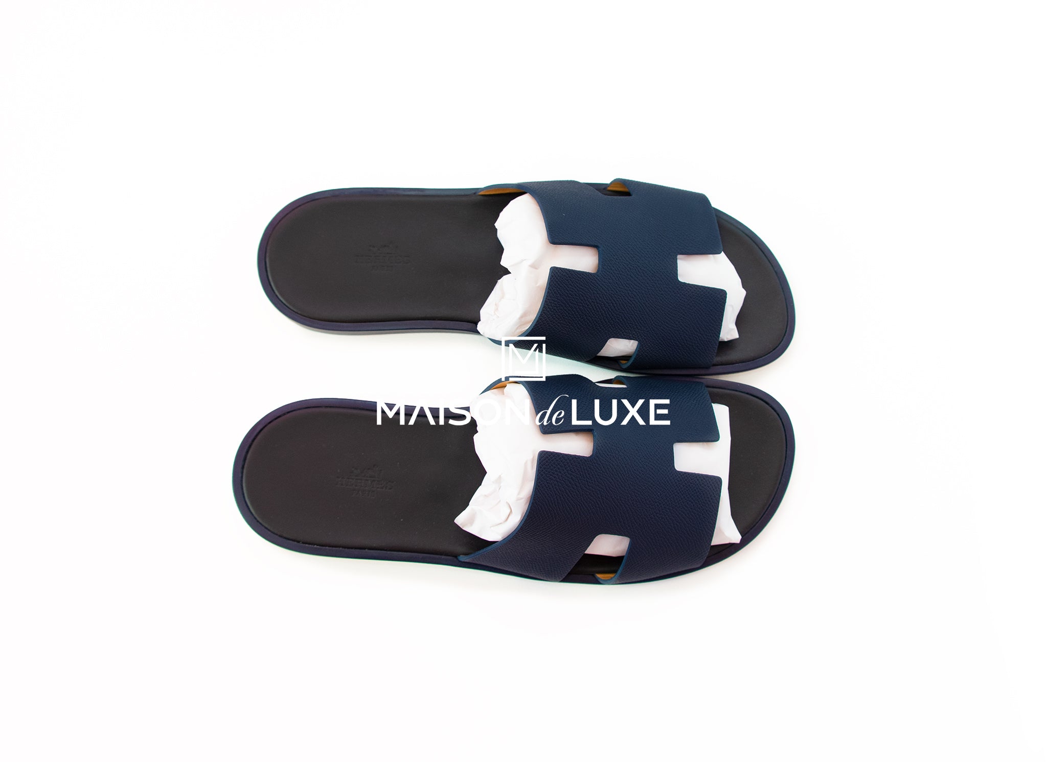 Hermes Men's Marine Blue Izmir Sandal Size 44 - Premium Leather Summer Slides for Beach, Pool & Casual Wear