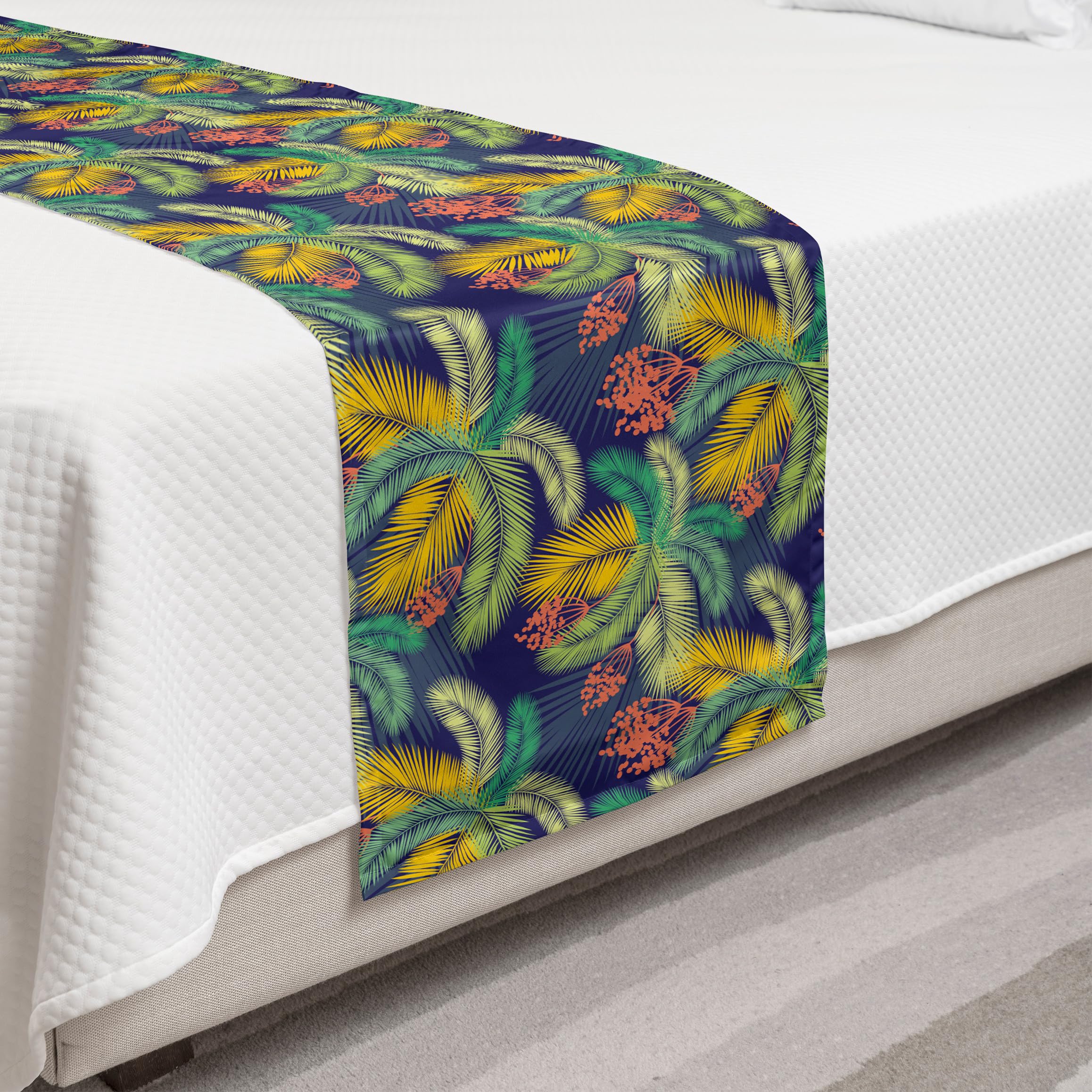 Ambesonne Tropical Bed Runner - Exotic Aloha Themed Abstract Palm Leaves Print, Decorative Bedding Scarf for Hotels, Homes & Guestrooms in Indigo & Multicolor | Perfect for Beach House Decor, Summer Bedroom Accent & Boho Chic Styling