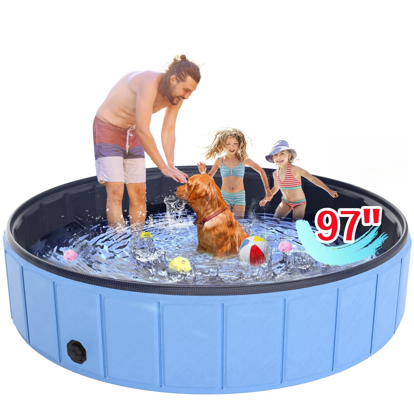 Hyperzoo 97x16 Inch Foldable Dog Pool - Heavy Duty PVC Leakproof Pet Bathing Tub for Small, Medium & Large Dogs - Collapsible Wading Pool for Puppies, Kids & Outdoor Summer Fun