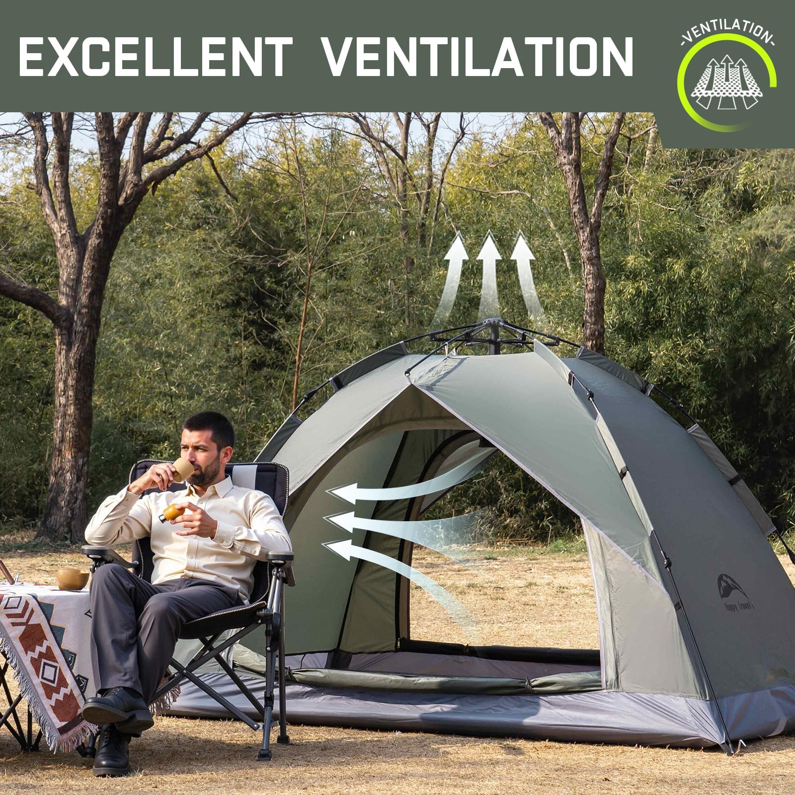 Happy Travel 1/2/3/4 Person Instant Pop Up Camping Tent - Waterproof, Windproof & Easy Setup Dome Tent for Family Camping, Hiking, Backpacking & Outdoor Adventures - Perfect for Beach, Picnics & Festivals