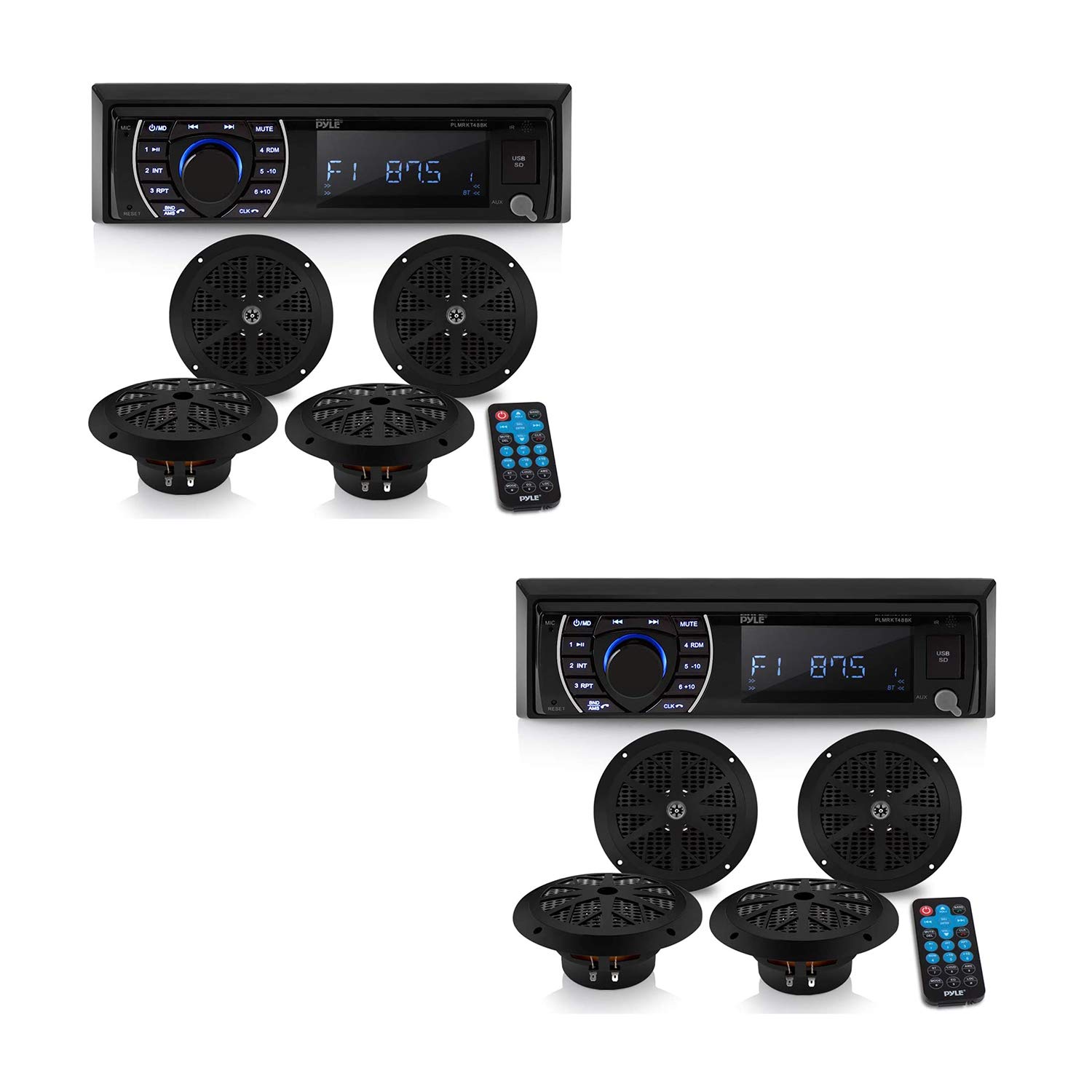 Pyle 6.5 Inch Waterproof Bluetooth Marine Stereo System with Speakers - Wireless Streaming, USB Port, AM/FM Radio, Hands-Free Calling & Remote Control (2 Pack, Black) - Perfect for Boats, Yachts & Outdoor Marine Entertainment