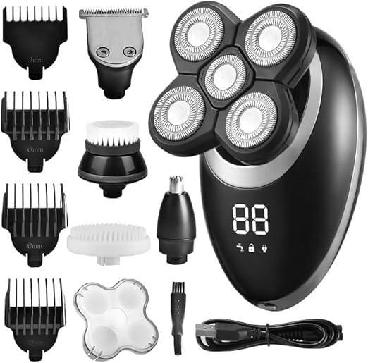 5-in-1 Electric Shaver for Men - Waterproof Beard Trimmer & Nose Hair Clipper with 5D Floating Blades & LCD Display - Perfect for Travel, Grooming Kits & Daily Shaving Routine