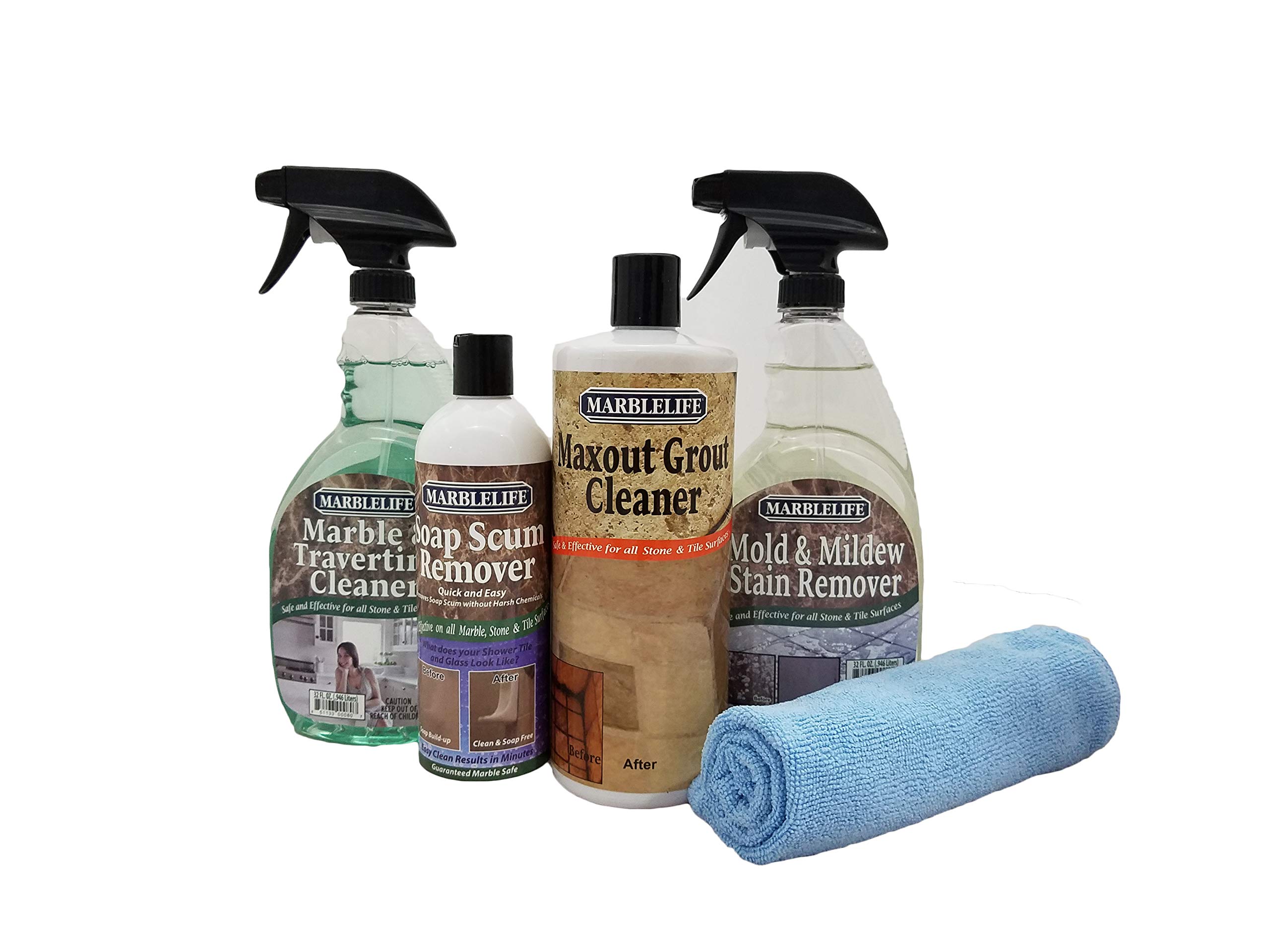Premium Marble & Travertine Cleaning Kit for Kitchen & Bathroom - Deep Cleaning & Stain Removal (MTC-41150, SSR-41200, MMSR-41190, MAX-41300, MFT-55225) - Perfect for Countertops, Sinks & Showers