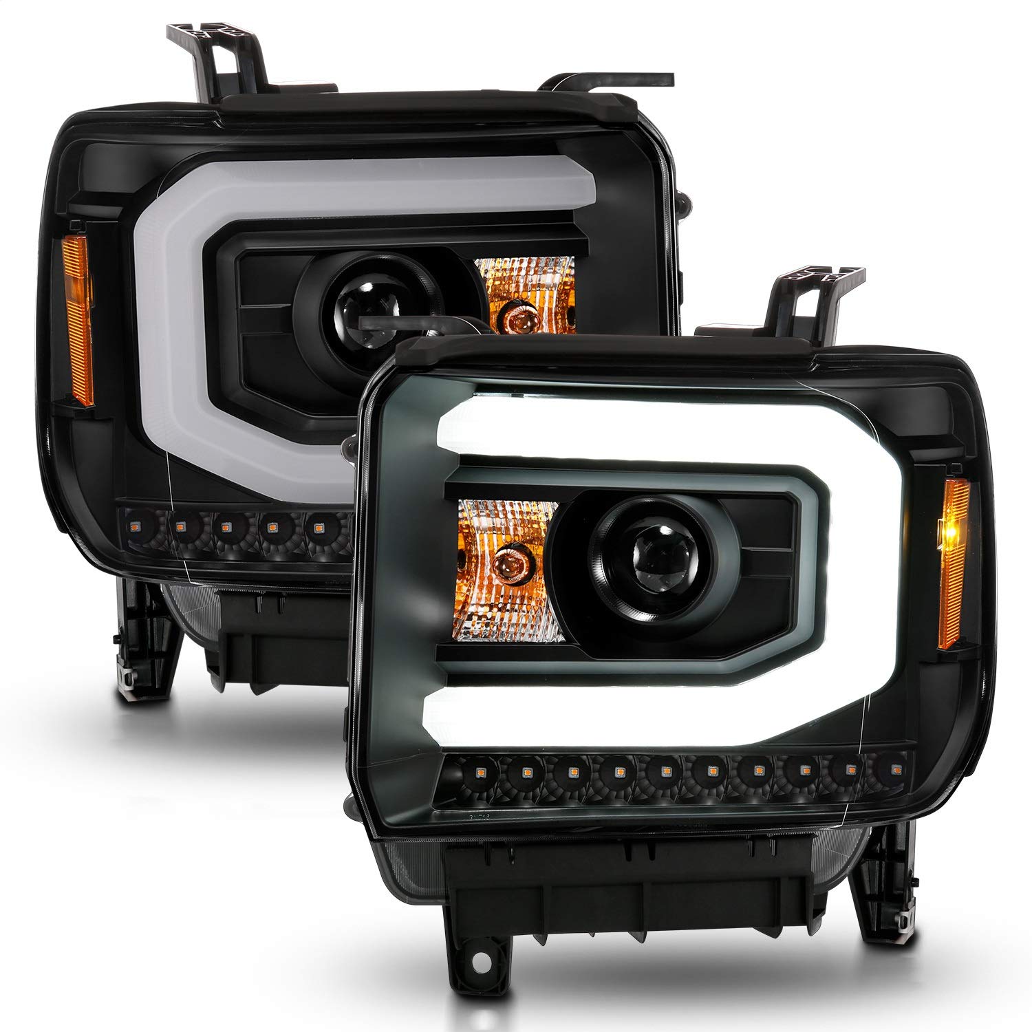 ANZO (111513) 2014-2015 GMC Sierra 1500 Projector Headlights with LED Light Bar - Black Housing Halogen Headlights for Enhanced Night Driving & Off-Road Visibility