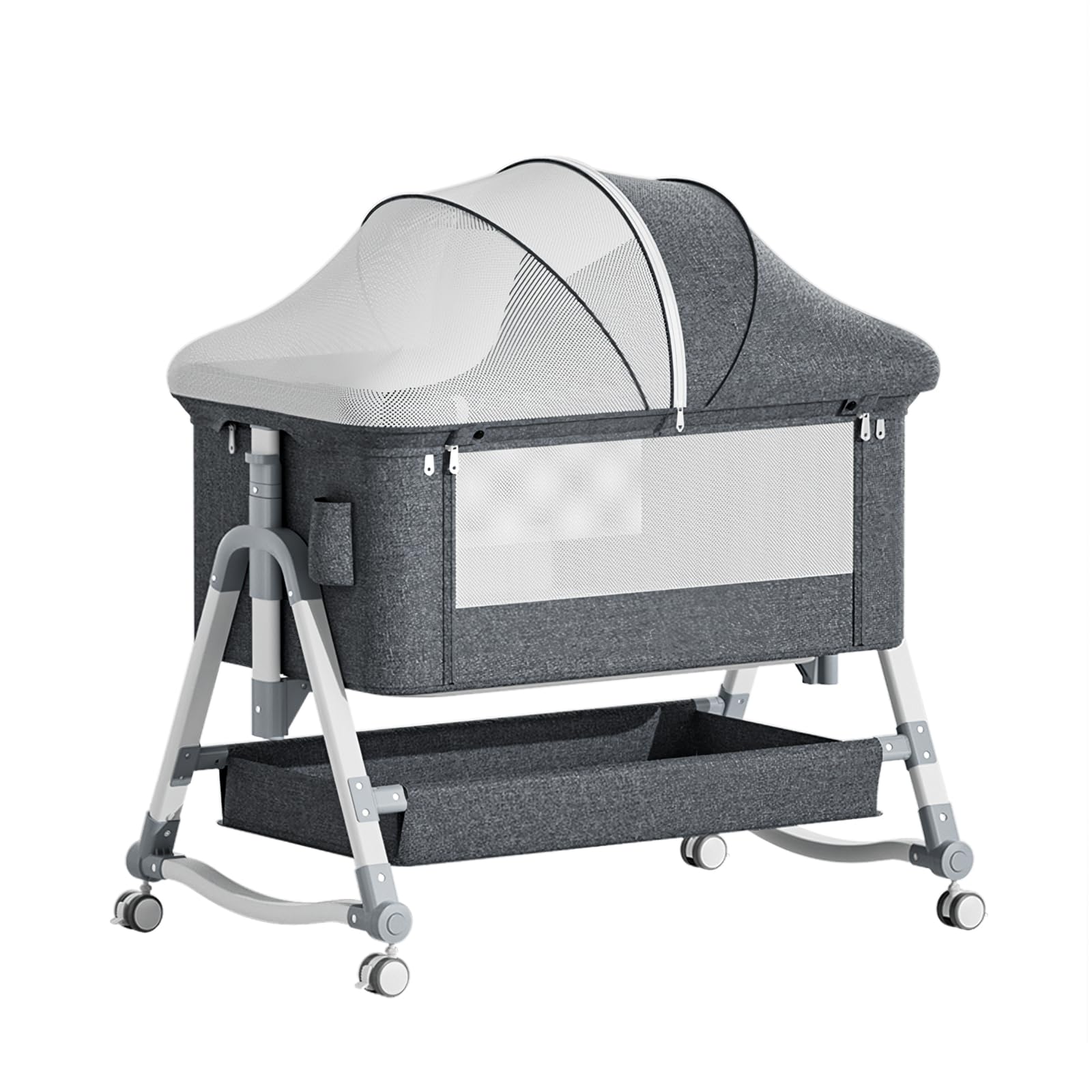 Jaoul 4-in-1 Adjustable Baby Bassinet & Bedside Sleeper - Portable Folding Crib with Comfort Mattress, Mosquito Net & Storage - Gray | Perfect for Newborns, Nursery, Co-Sleeping & Travel