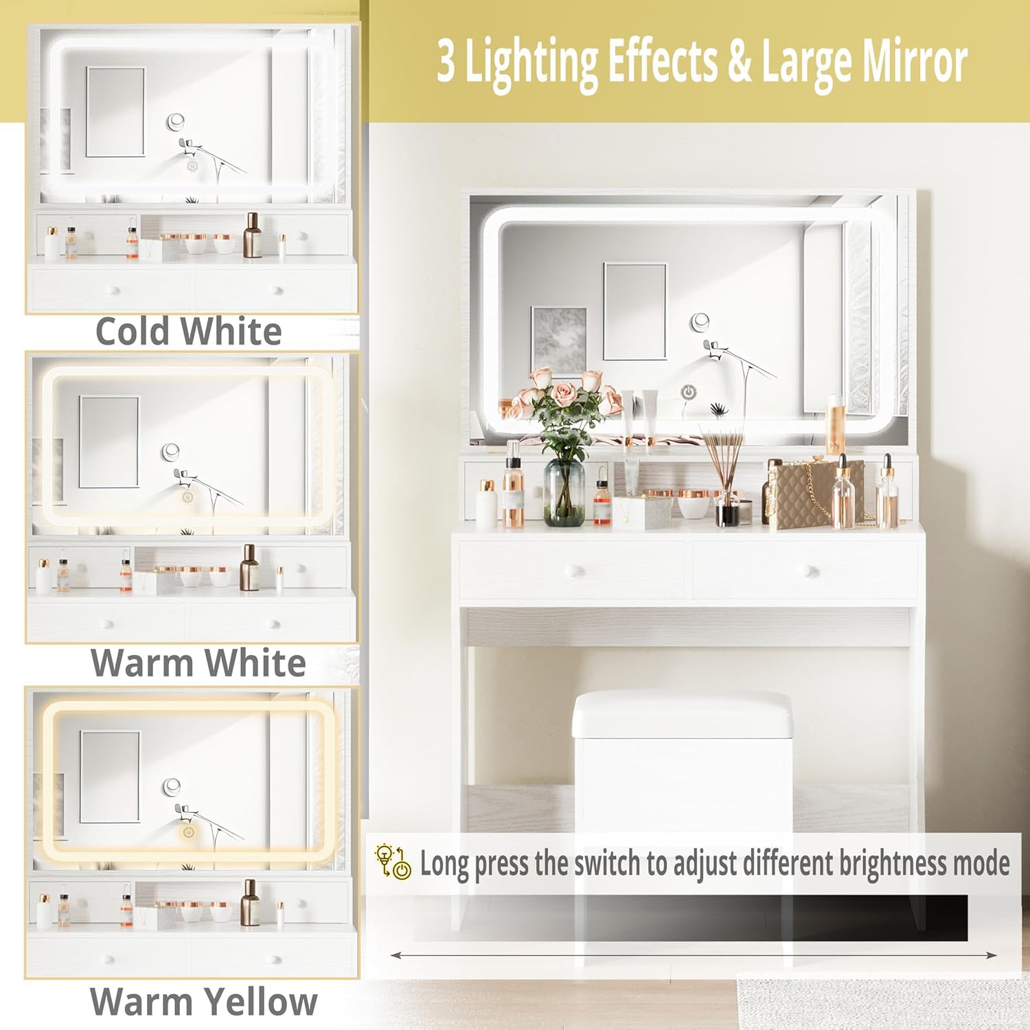 IRONCK White Vanity Desk with LED Lighted Mirror & Power Outlet - Makeup Dressing Table with 4 Drawers & Storage Bench - Perfect for Bedroom, Home Decor & Beauty Routine