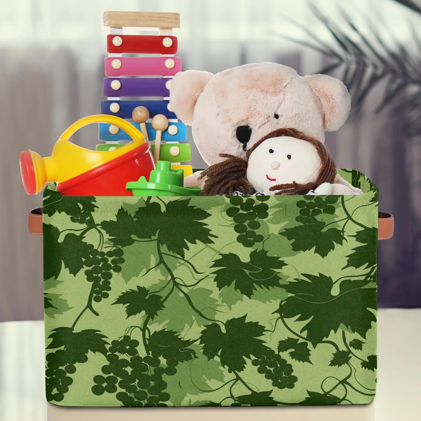Large Green Grape Print Storage Baskets - 2 Pack Fabric Closet Organizers with Handles for Shelves | Collapsible Decorative Bins for Home Organization, Clothes & Toys Storage | Perfect for Bedroom, Nursery & Playroom Organization