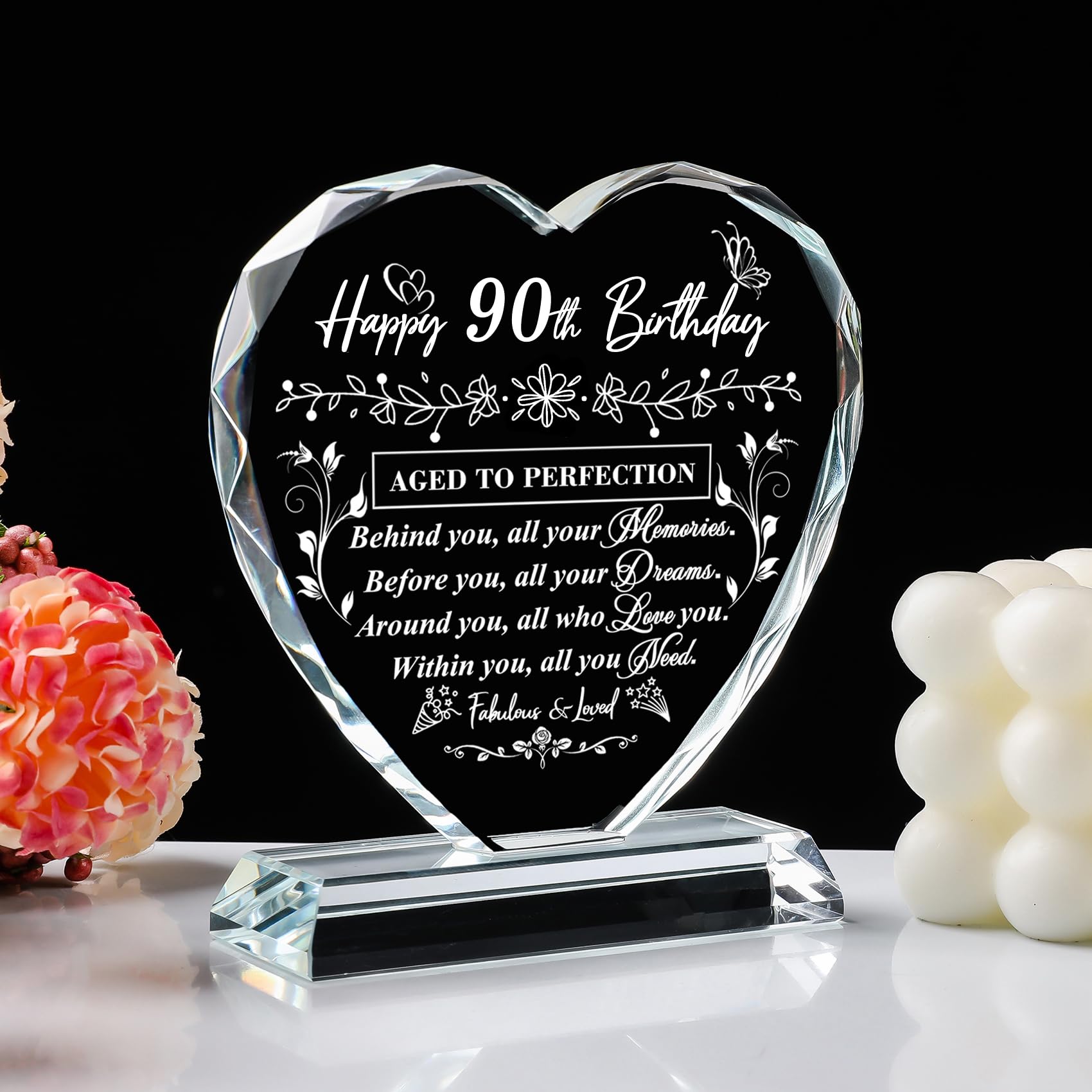 90th Birthday Gifts for Women & Men - Laser Engraved Glass Heart Keepsake - Unique 90th Birthday Decor for Husband, Wife, Mom, Dad & Friends - Perfect for Milestone Celebrations, Anniversaries & Retirement Parties