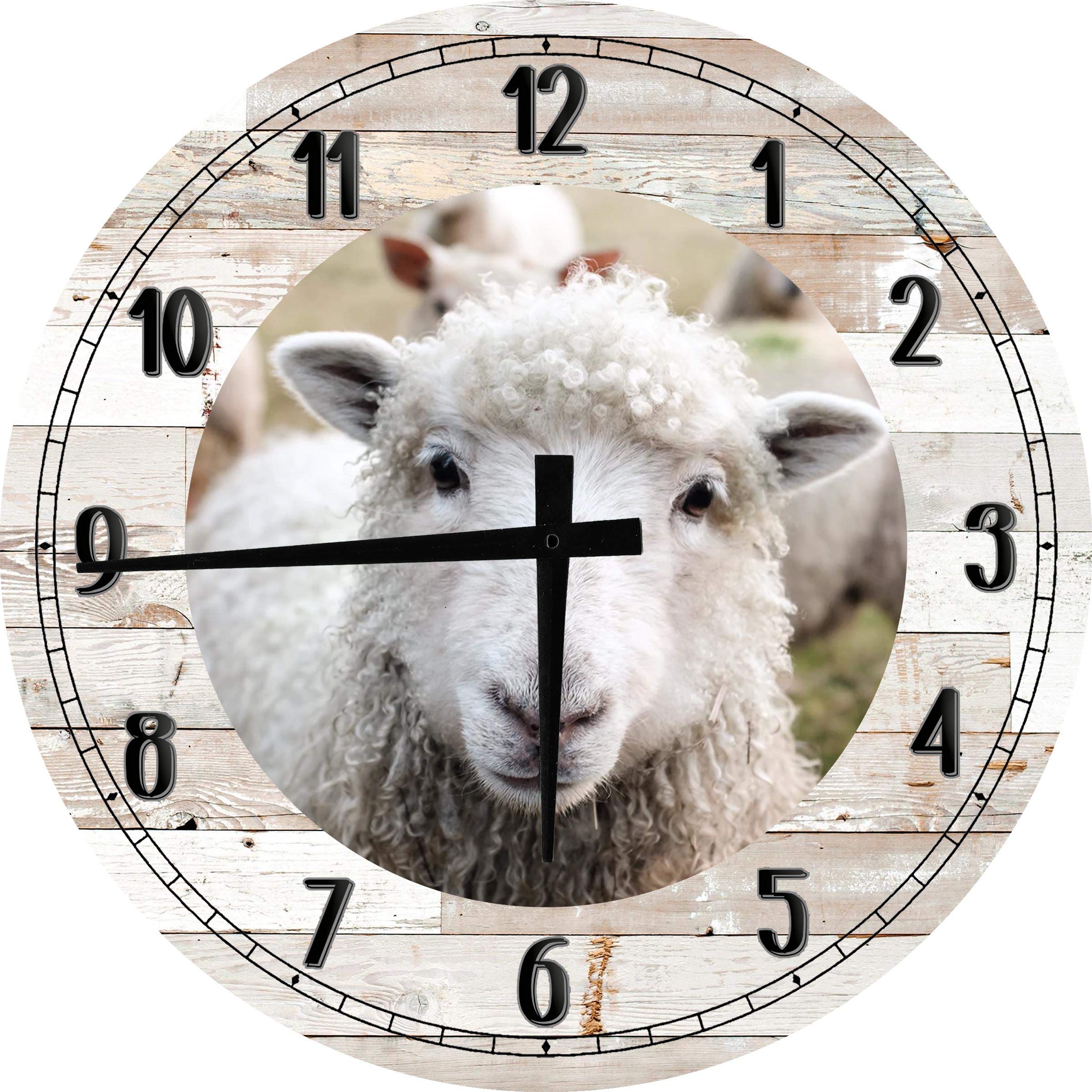 White Sheep Country Farmhouse Wall Art - Large 24 Inch Round Wall Clock with Battery Operation - Perfect for Living Room, Kitchen, Bedroom & Office Decor