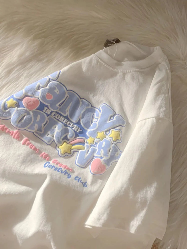 Anime Kawaii Harajuku T-Shirt for Women - Soft Cotton Graphic Tee with Cute Letter Print | Casual School Style Aesthetic Top | Korean Fashion Trendy Outfit for Cosplay, Streetwear & Daily Wear