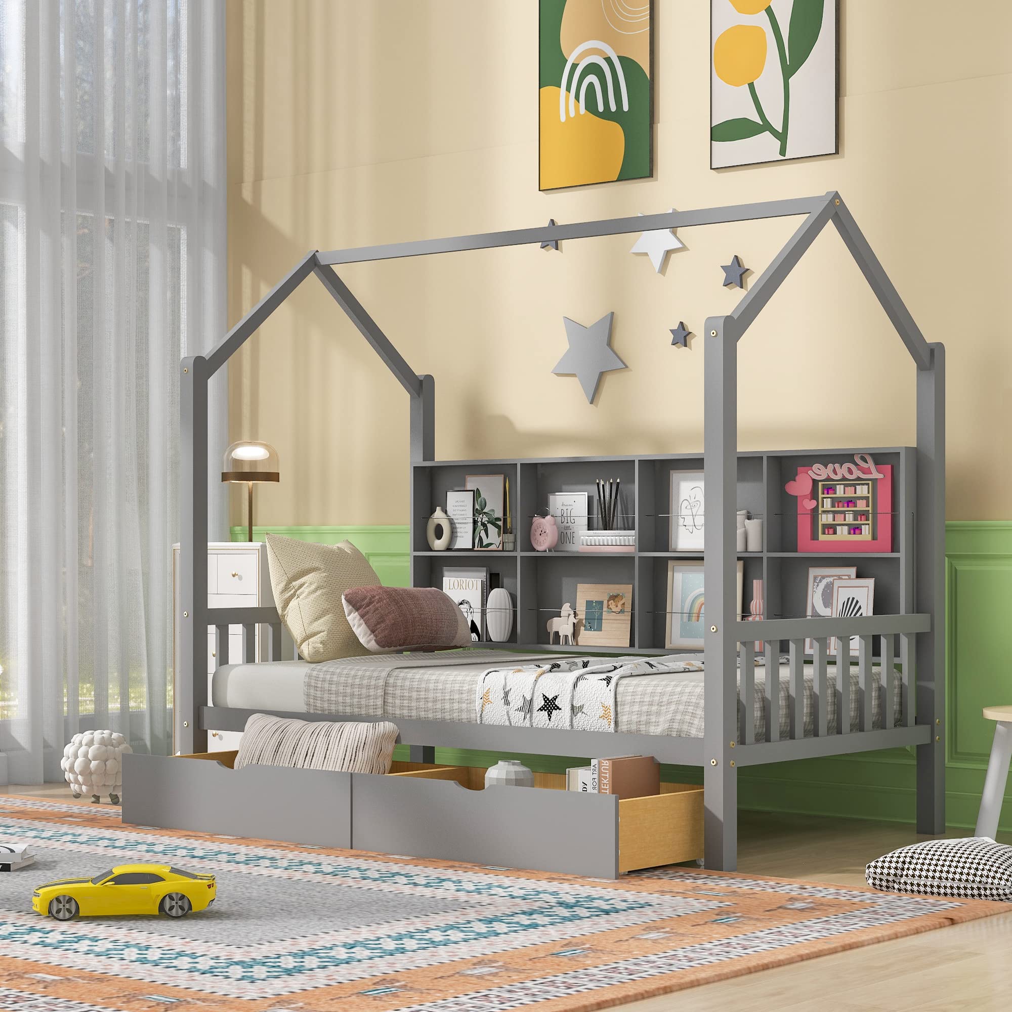 Harper & Bright Designs Twin House Bed with 2 Drawers & Storage Shelves - Montessori Playhouse Bed Frame with Roof & Tent - Solid Wood Platform Bed for Kids, Teens, Boys & Girls (Twin, Gray) - Perfect for Bedrooms, Playrooms & Montessori Learning Spaces