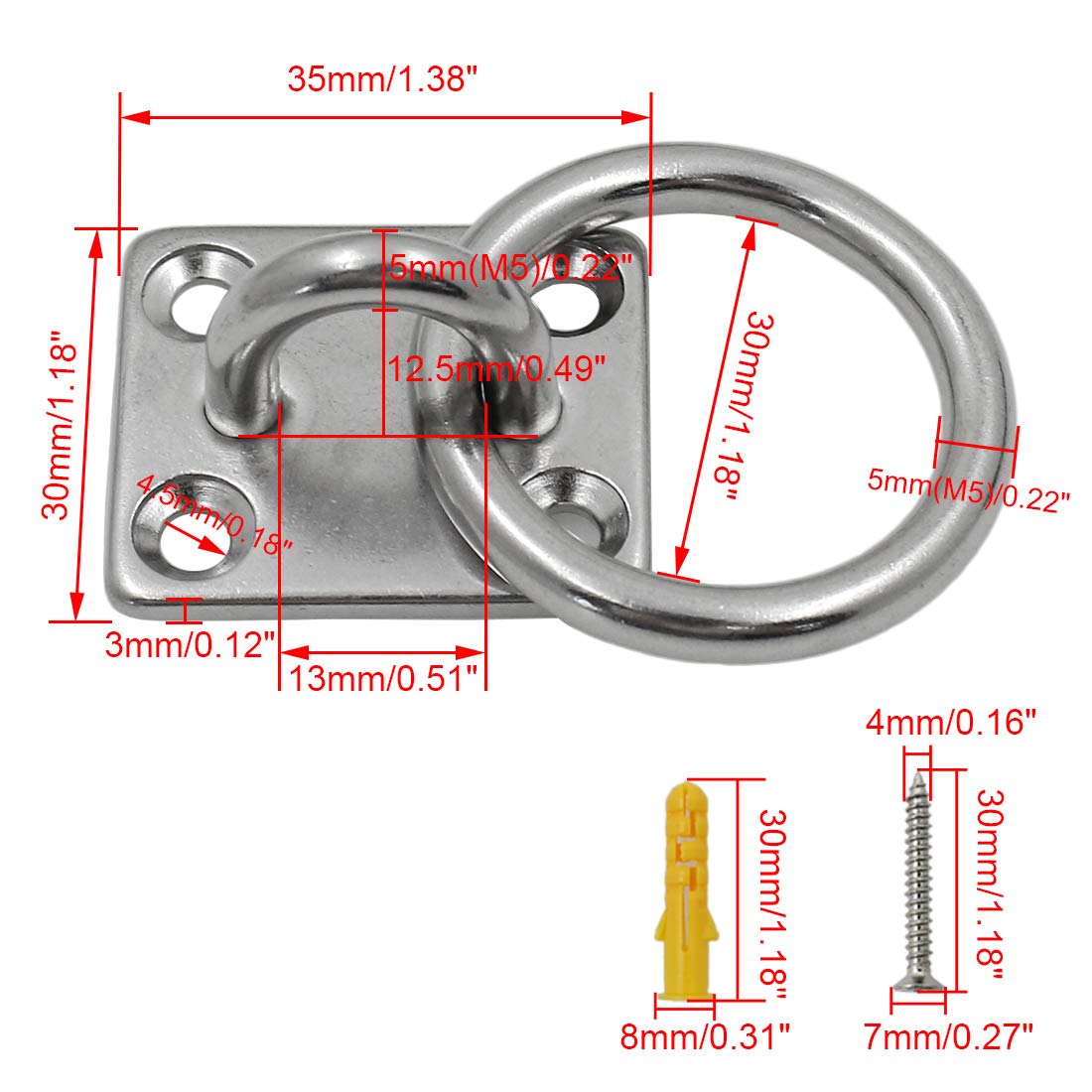 4Pcs Heavy Duty Stainless Steel M5 Rectangle Pad Eye Plate with Ring Hook - Wall Mount & Ceiling Bracket for Yoga Swings, Hammocks, Boat Rigging, Suspension Training Straps - Perfect for Home Gym, Outdoor Activities and Marine Use