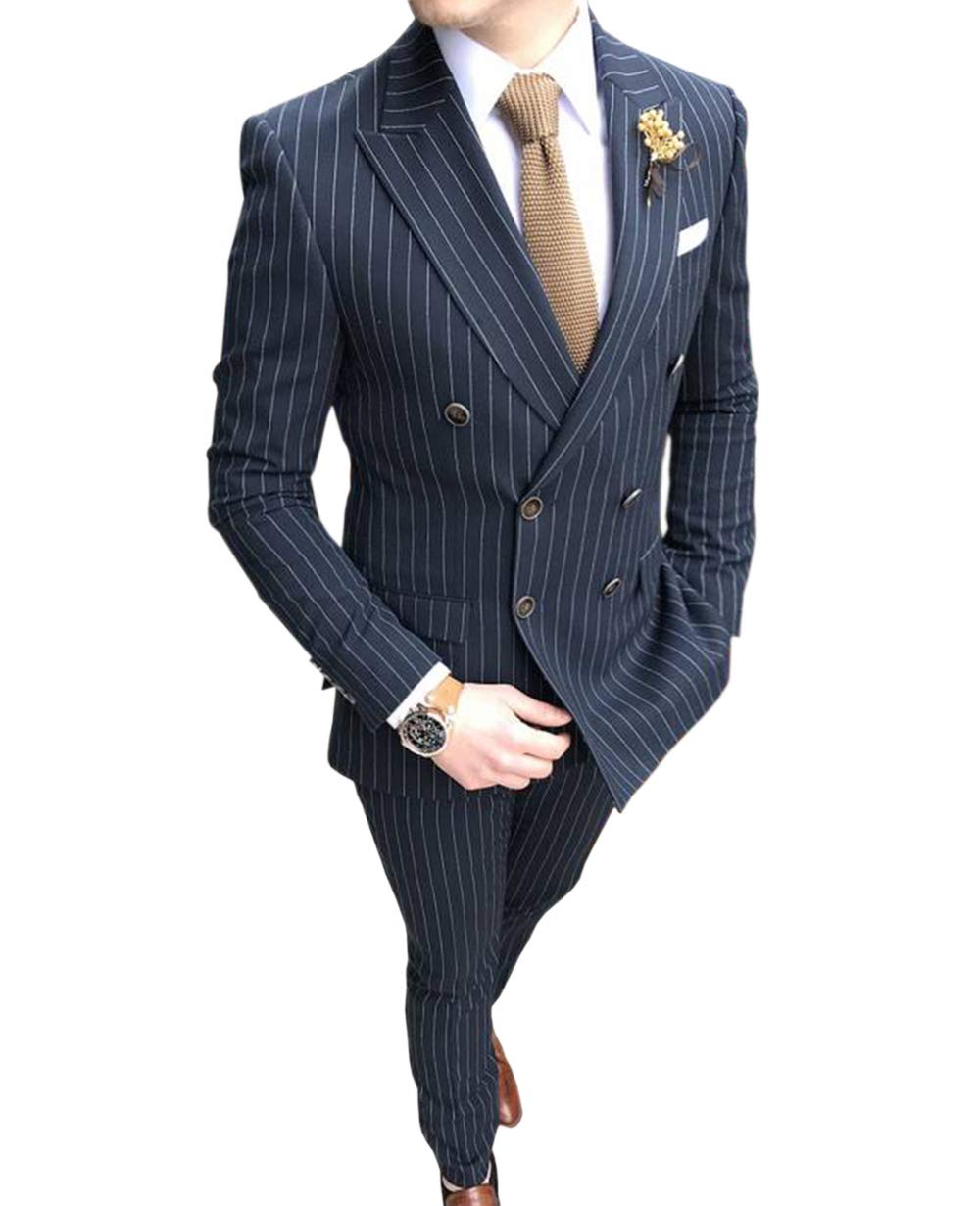 Men's Slim Fit Pinstripe 2-Piece Formal Suit | Double-Breasted Wedding Tuxedo Set (Blazer + Pants) for Groomsmen, Business & Special Occasions
