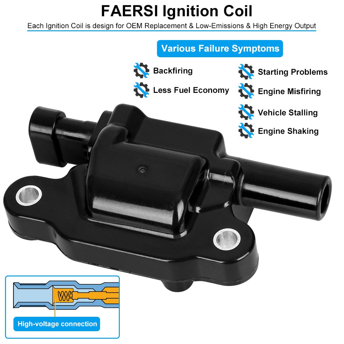 FAERSI Ignition Coil Replacement for Chevy Cadillac GMC Pontiac 5.3L 6.0L V8 Engines - Compatible with G8, Grand Prix, H3, Tahoe, Silverado, Impala, Yukon, Envoy, Trailblazer, Avalanche - Replaces OEM #12570616 D510C - Perfect for Engine Performance & Smooth Driving