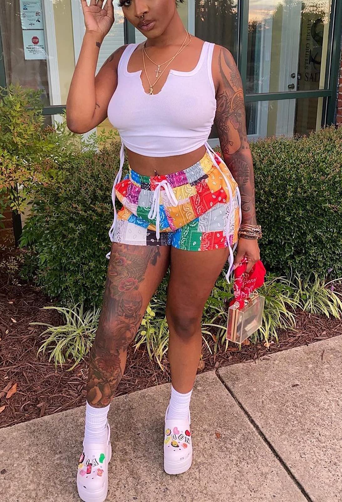 Acelyn Women's Sexy 2-Piece Short Sets - Summer Crop Tank Top & Patchwork Shorts Outfit | Casual Wear, Beach Vacation, Street Fashion, Lounge Outfits