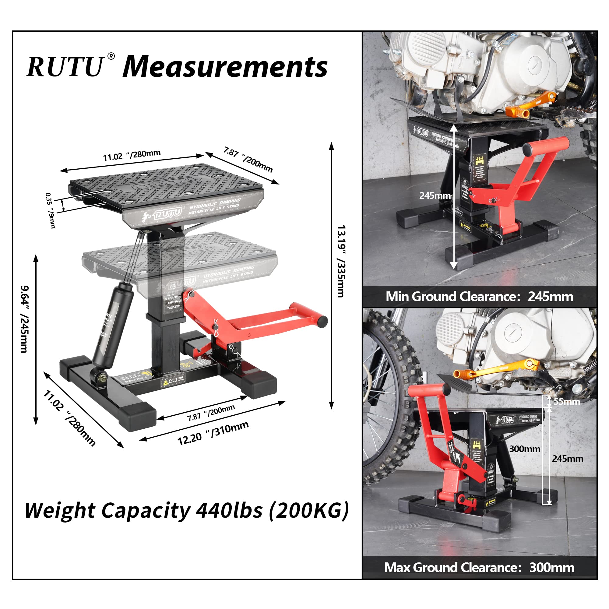 RUTU 9.64 Inch Heavy Duty Hydraulic Dirt Bike Lift Stand - 1000Lbs Capacity Steel Motorcycle Repair Stand for Pit Bikes, ATVs & Dirt Bikes | Ideal for Garage Maintenance, Tire Changes & Bike Storage